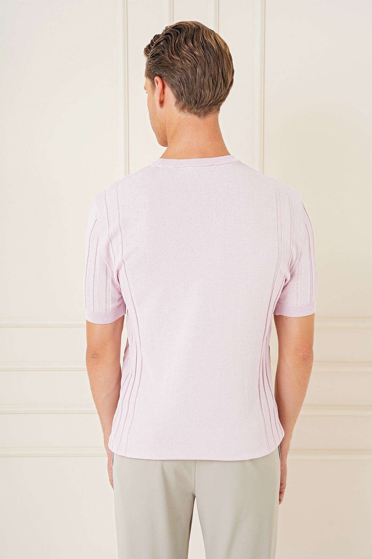 Slim Fit Bisiklet Yaka Kısa Kol Pembe Triko Tr 869