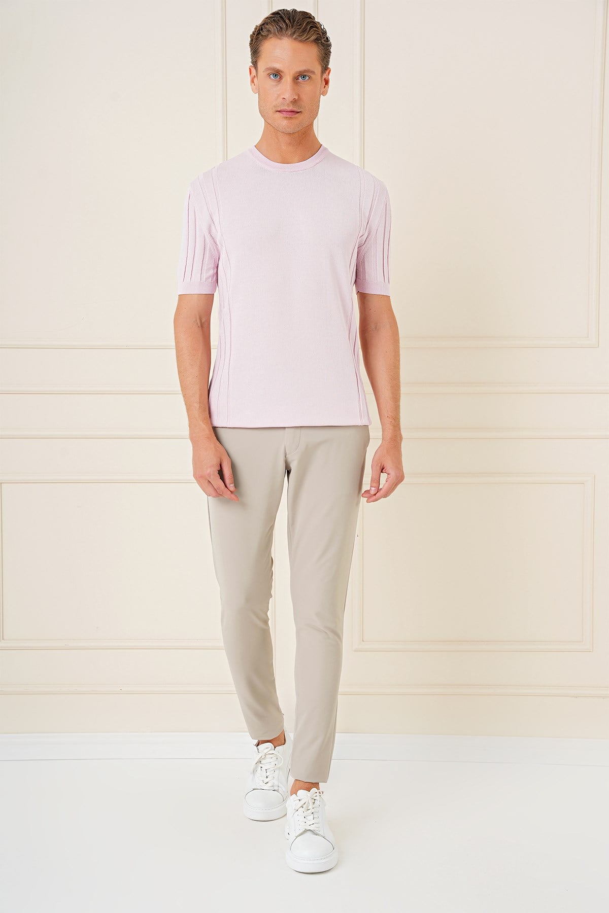 Slim Fit Bisiklet Yaka Kısa Kol Pembe Triko Tr 869