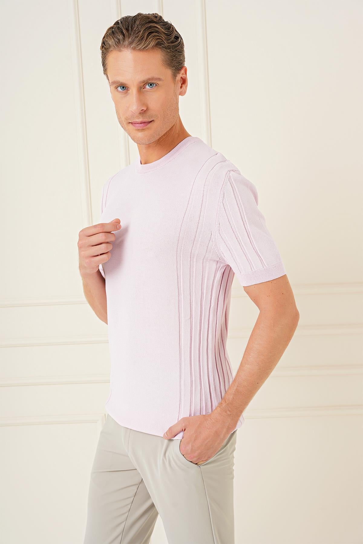 Slim Fit Bisiklet Yaka Kısa Kol Pembe Triko Tr 869