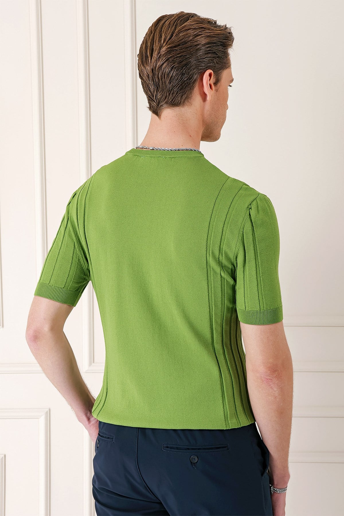 Slim Fit Bisiklet Yaka Kısa Kol Yeşil Triko Tr 869
