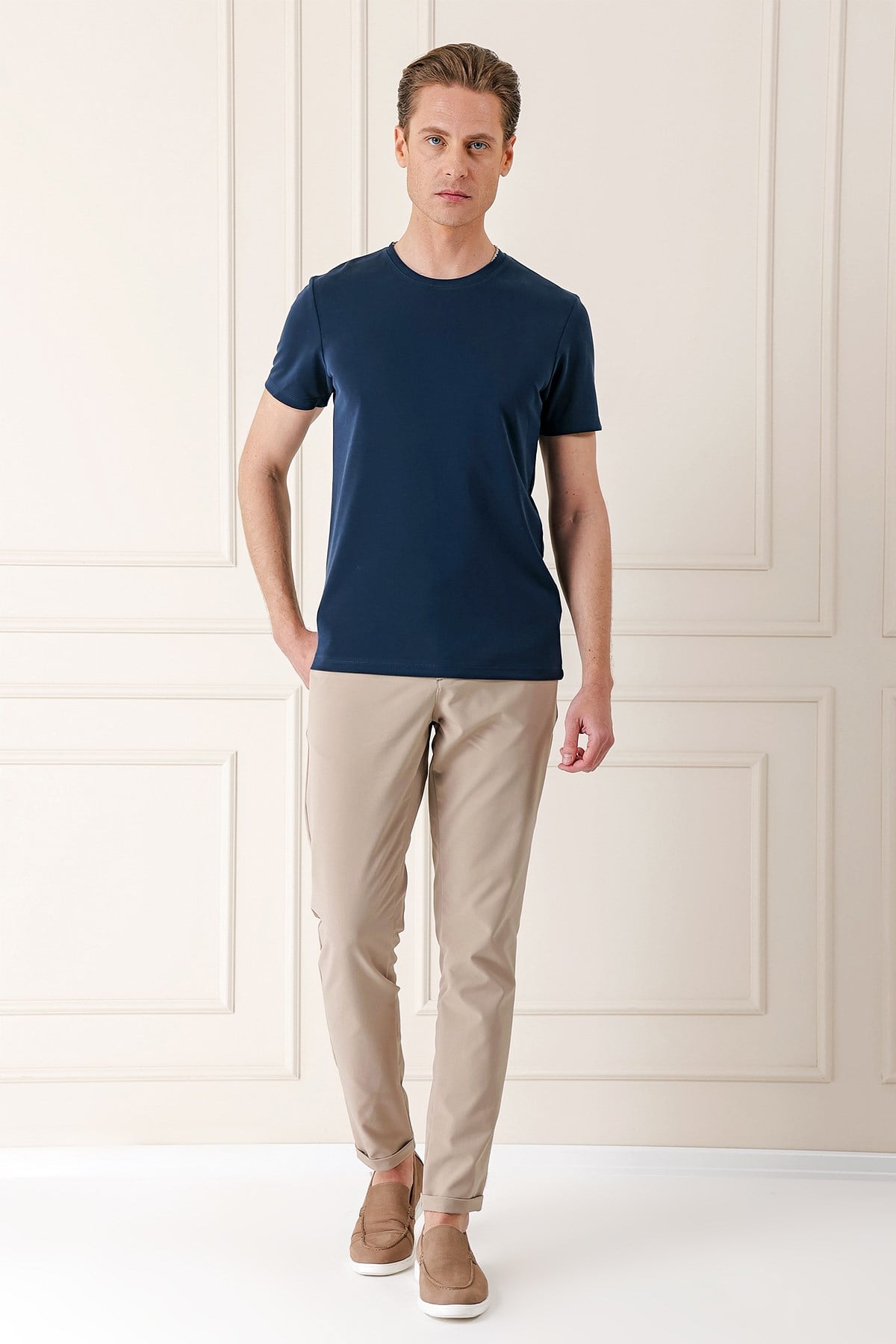 Slim Fit Bisiklet Yaka Pamuklu Lacivert Tişört Ts 880