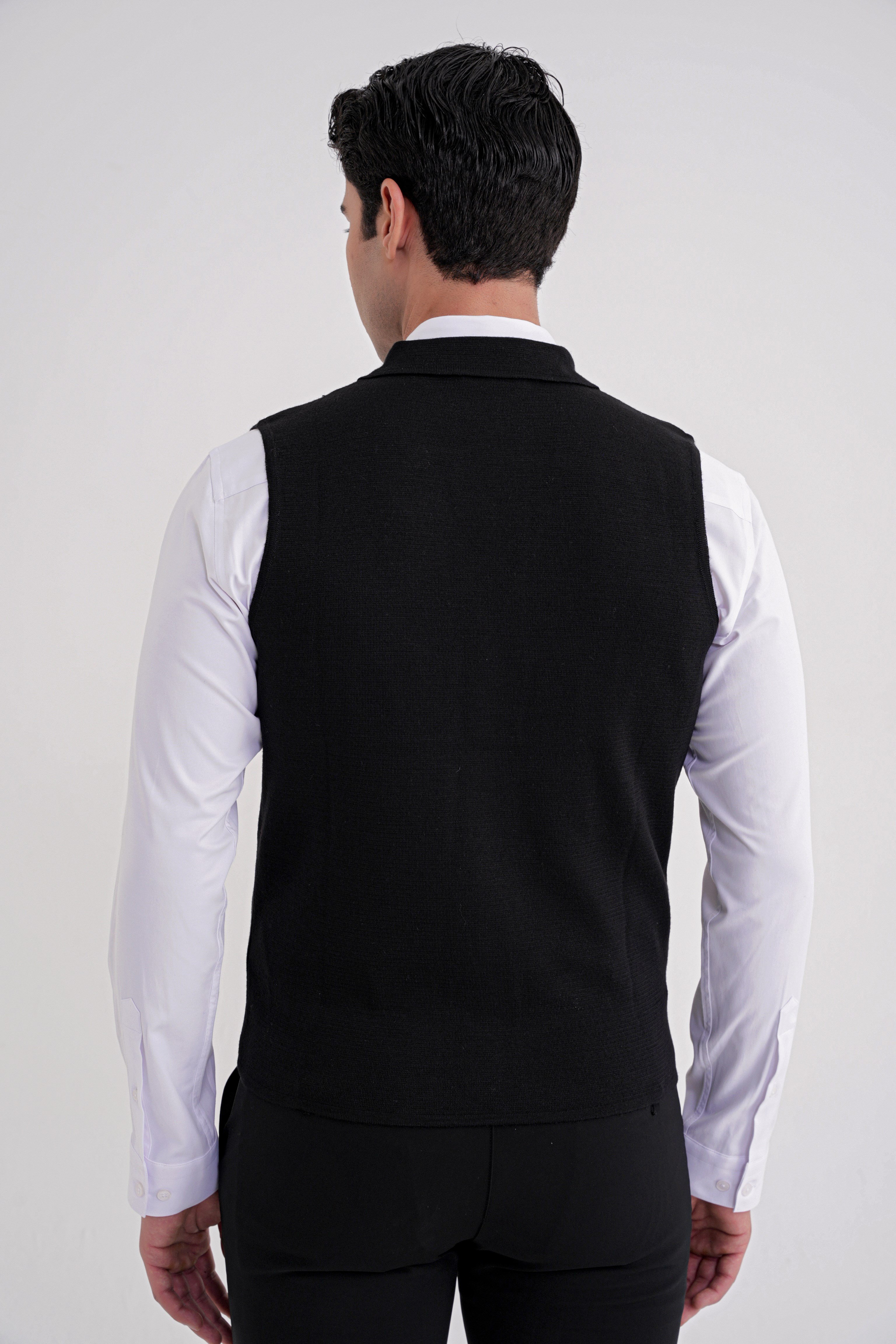 Slim Fit Ceket Yaka Düğmeli Siyah Yünlü Triko Yelek TRY 012