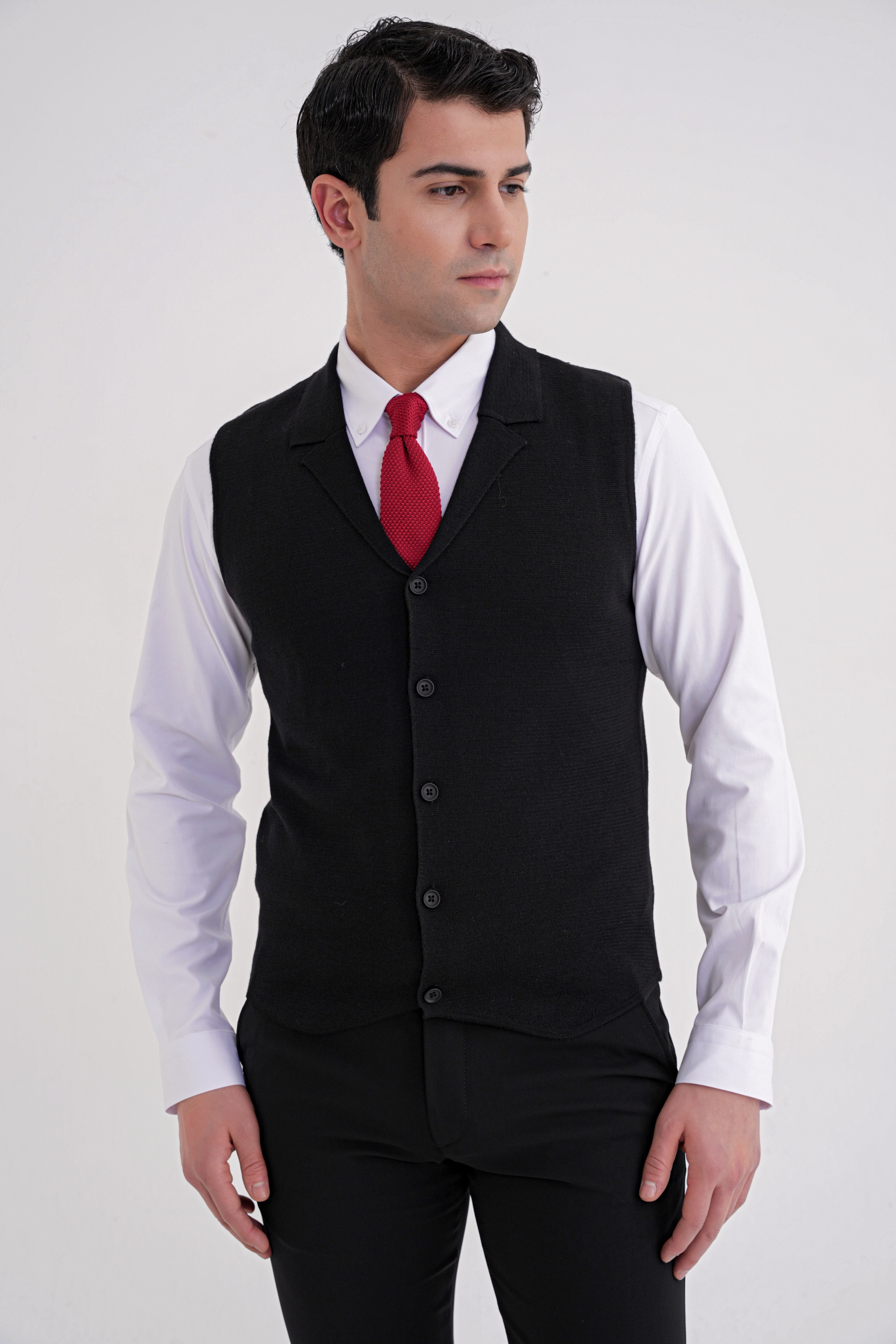 Slim Fit Ceket Yaka Düğmeli Siyah Yünlü Triko Yelek TRY 012