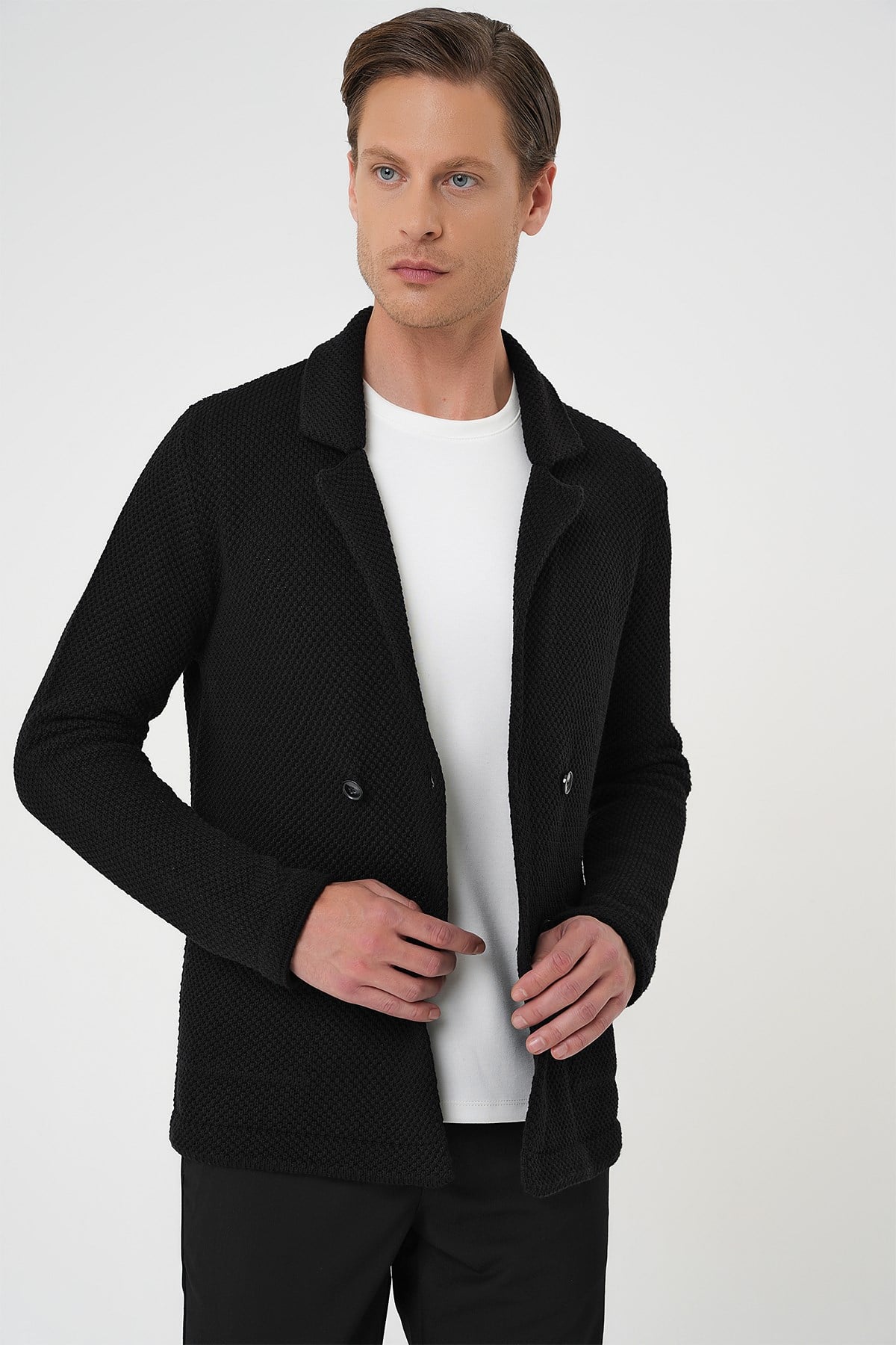 Slim Fit Ceket Yaka Torba Cep Kruvaze Siyah Yünlü Örme Triko Ceket 01