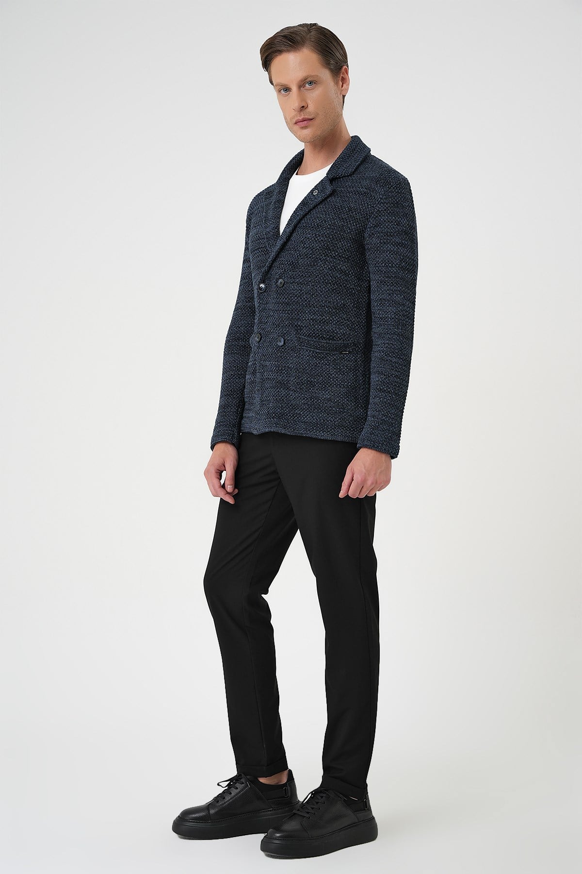 Slim Fit Ceket Yaka Torba Cep Kruvaze Lacivert Yünlü Örme Triko Ceket 01