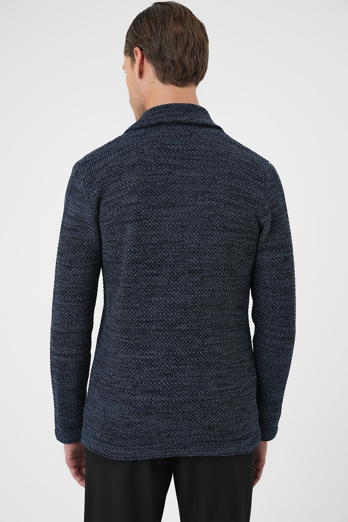 Slim Fit Ceket Yaka Torba Cep Kruvaze Lacivert Yünlü Örme Triko Ceket 01