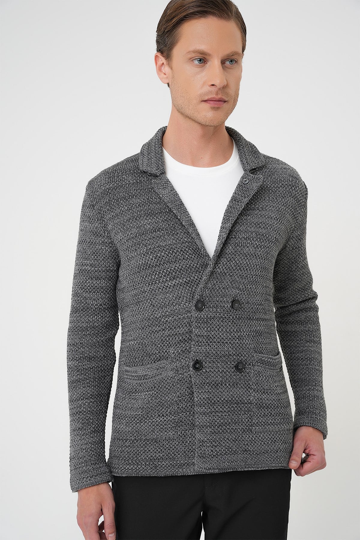 Slim Fit Ceket Yaka Torba Cep Kruvaze Koyu Gri Yünlü Örme Triko Ceket 01