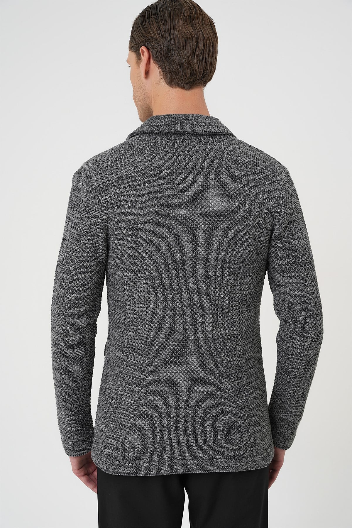 Slim Fit Ceket Yaka Torba Cep Kruvaze Koyu Gri Yünlü Örme Triko Ceket 01