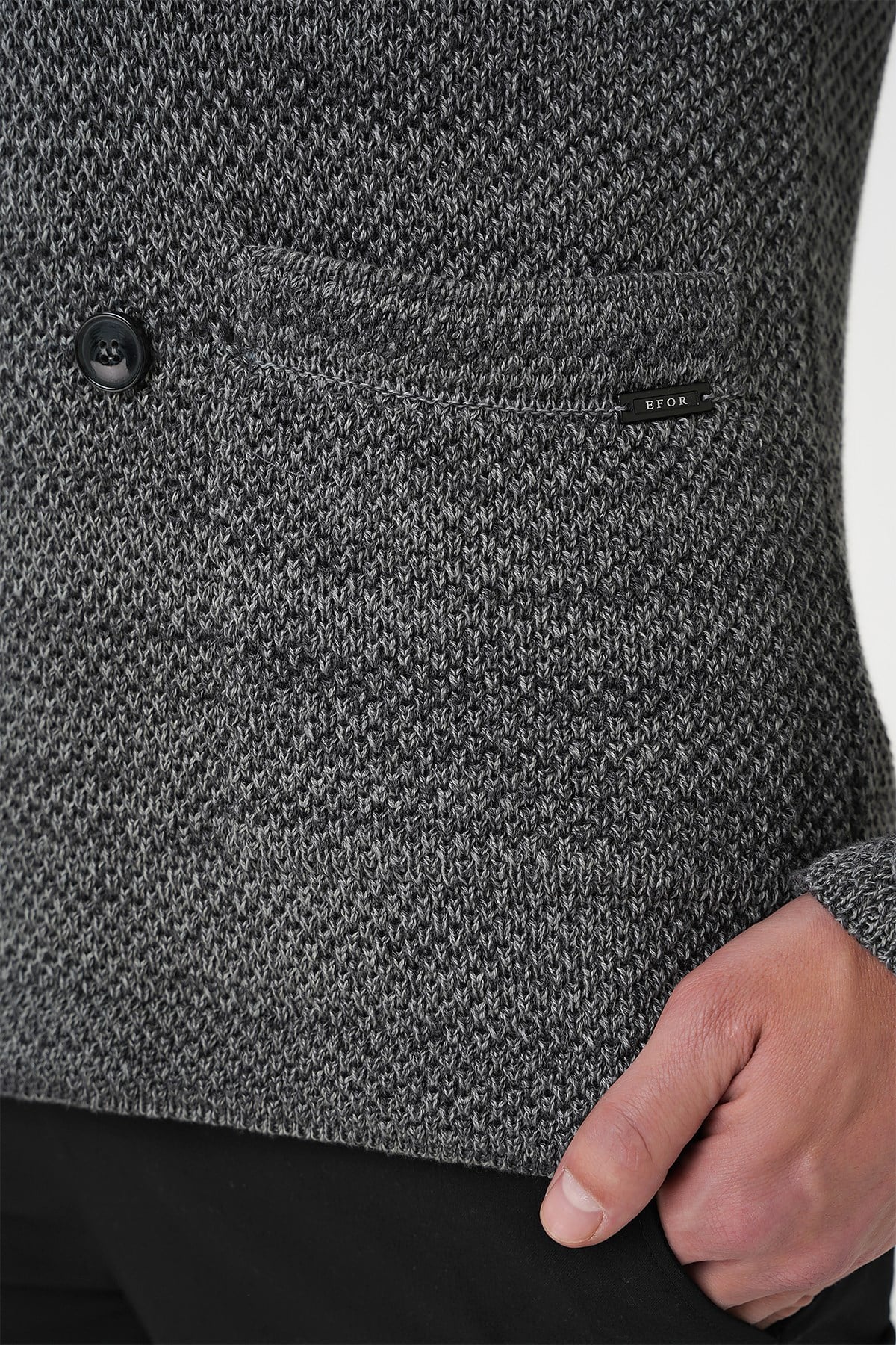 Slim Fit Ceket Yaka Torba Cep Kruvaze Koyu Gri Yünlü Örme Triko Ceket 01