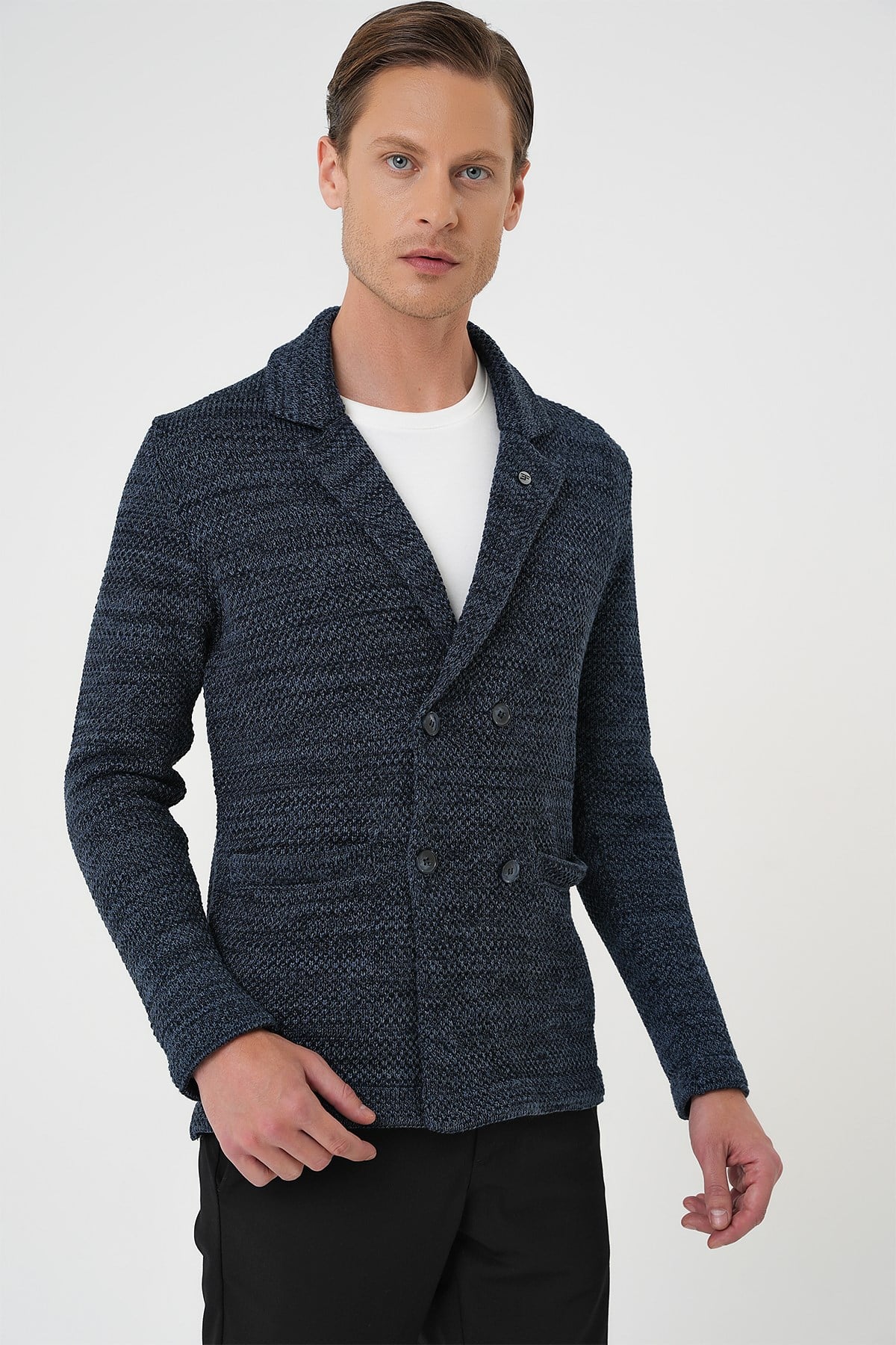 Slim Fit Ceket Yaka Torba Cep Kruvaze Lacivert Yünlü Örme Triko Ceket 01