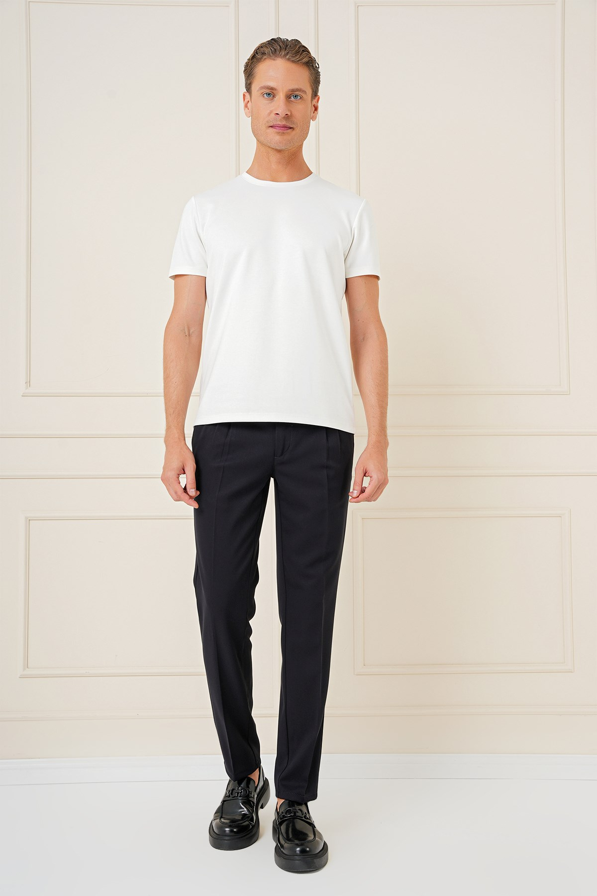 Slim Fit Çift Pileli Yan Cep Esnek Pamuk Siyah Pantolon P 1164