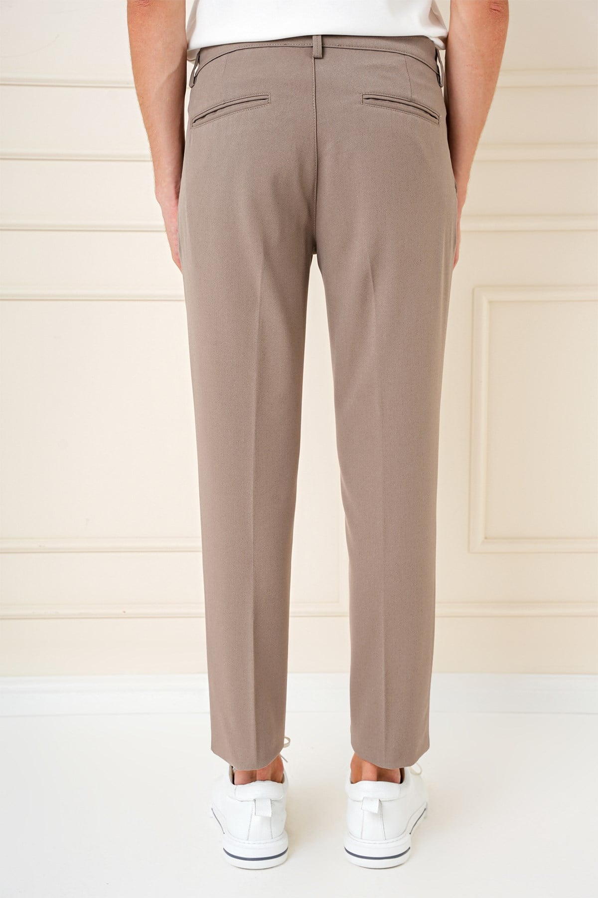 Slim Fit Çift Pileli Yan Cep Esnek Pamuk Bej Pantolon P 1164