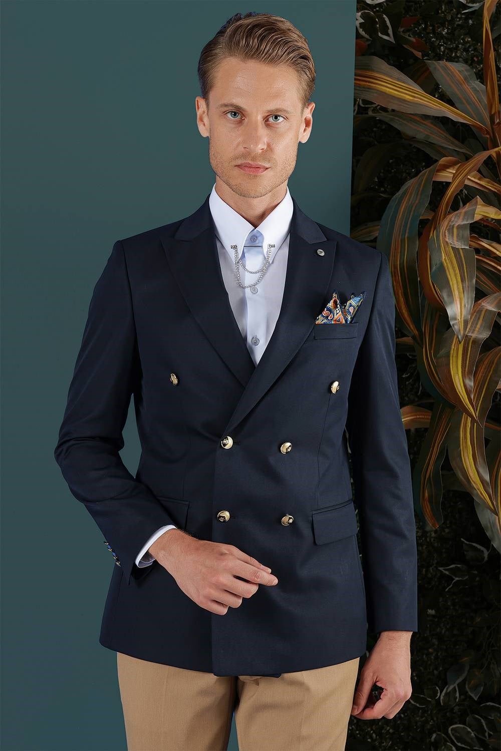 Slim Fit Çift Yırmaç Metal Düğmeli Lacivert Kruvaze Blazer Ceket C 657 