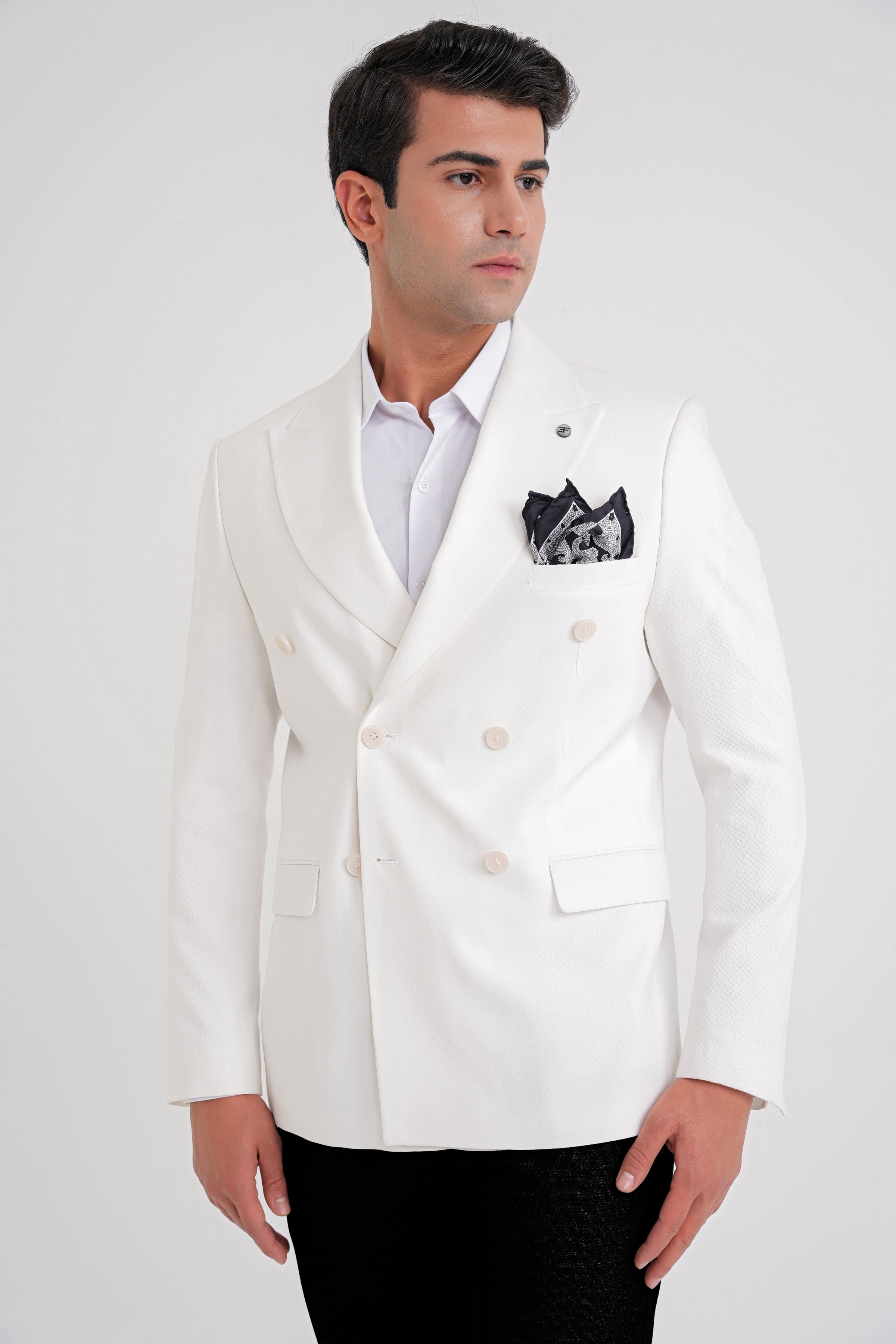 Slim Fit Çift Yırtmaç %100 Pamuk Gofre Kumaş Ekru Kruvaze Ceket C 646