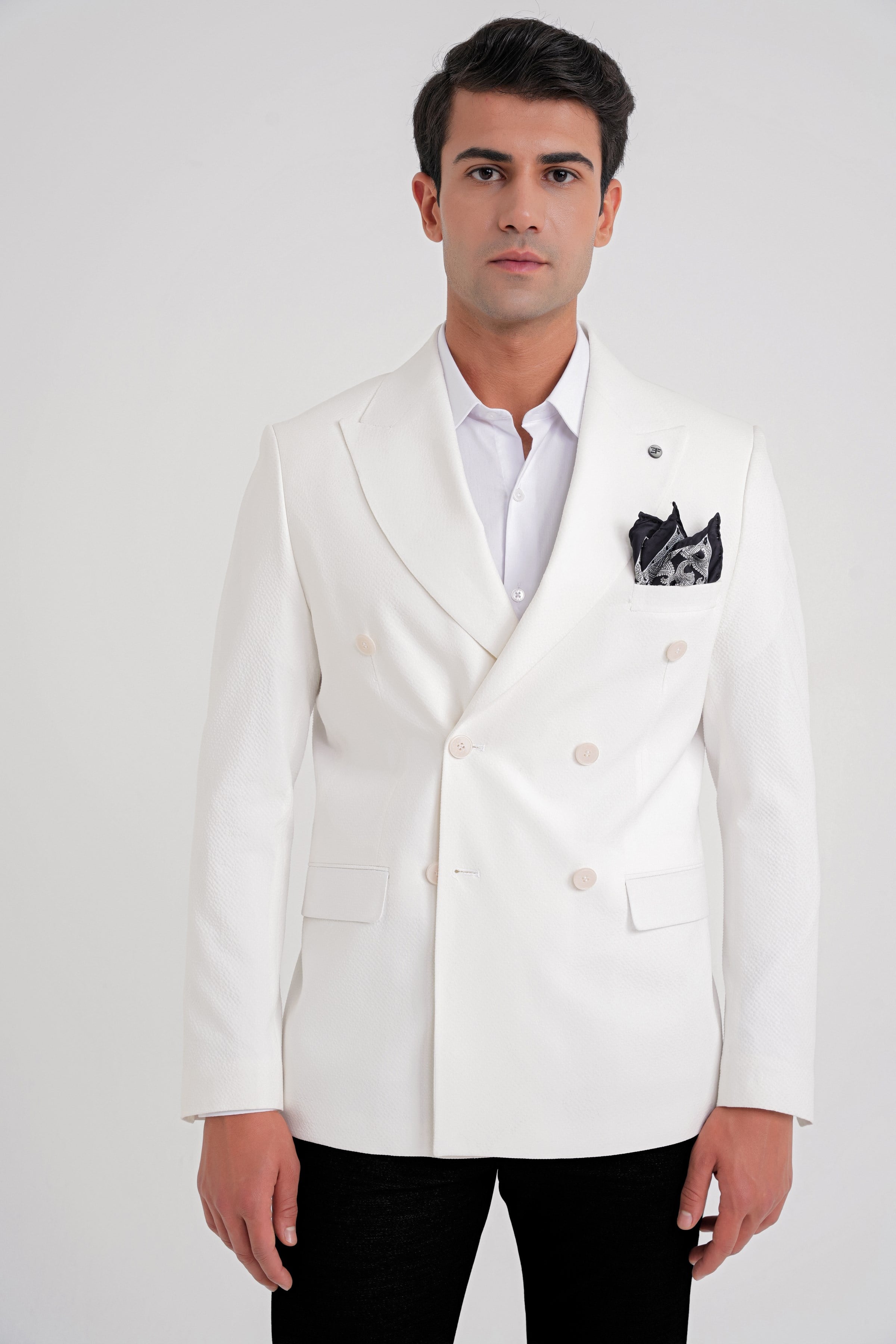 Slim Fit Çift Yırtmaç %100 Pamuk Gofre Kumaş Ekru Kruvaze Ceket C 646
