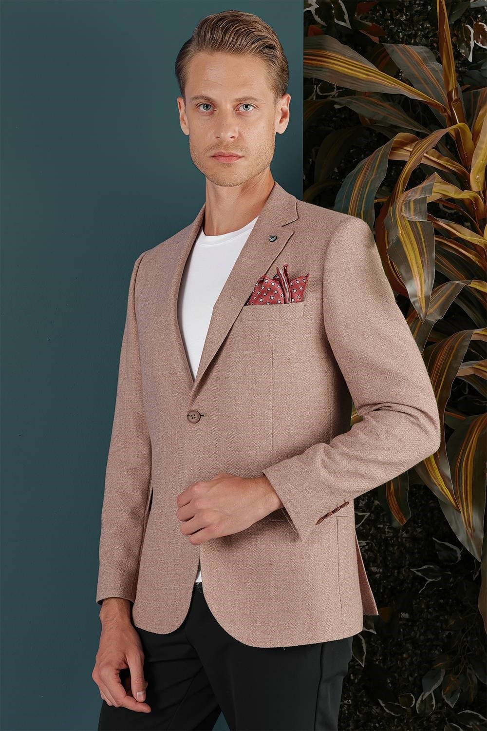 Slim Fit Çift Yırtmaç %100 Yün Balıksırtı Dokuma Tütün Ceket C 656