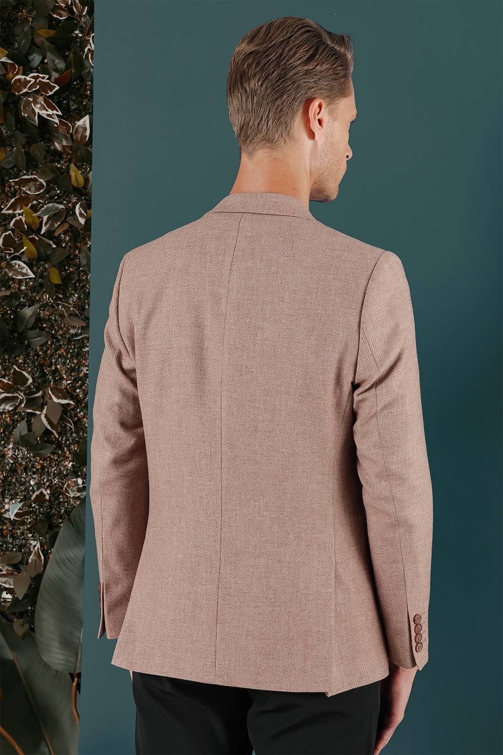 Slim Fit Çift Yırtmaç %100 Yün Balıksırtı Dokuma Tütün Ceket C 656