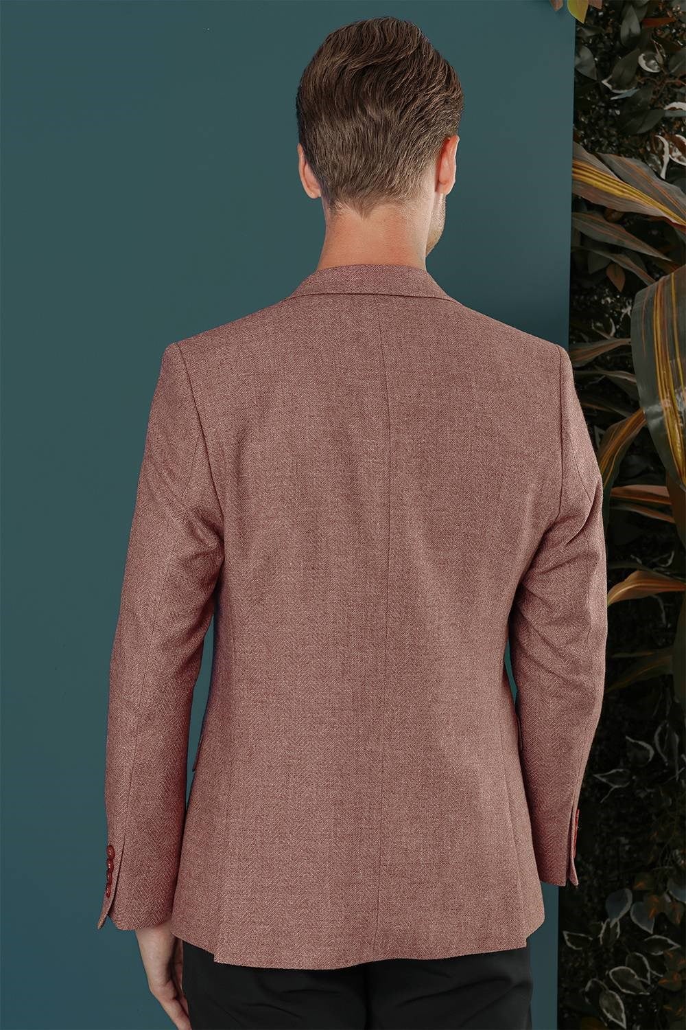 Slim Fit Çift Yırtmaç %100 Yün Balıksırtı Dokuma Gül Kurusu Ceket C 656