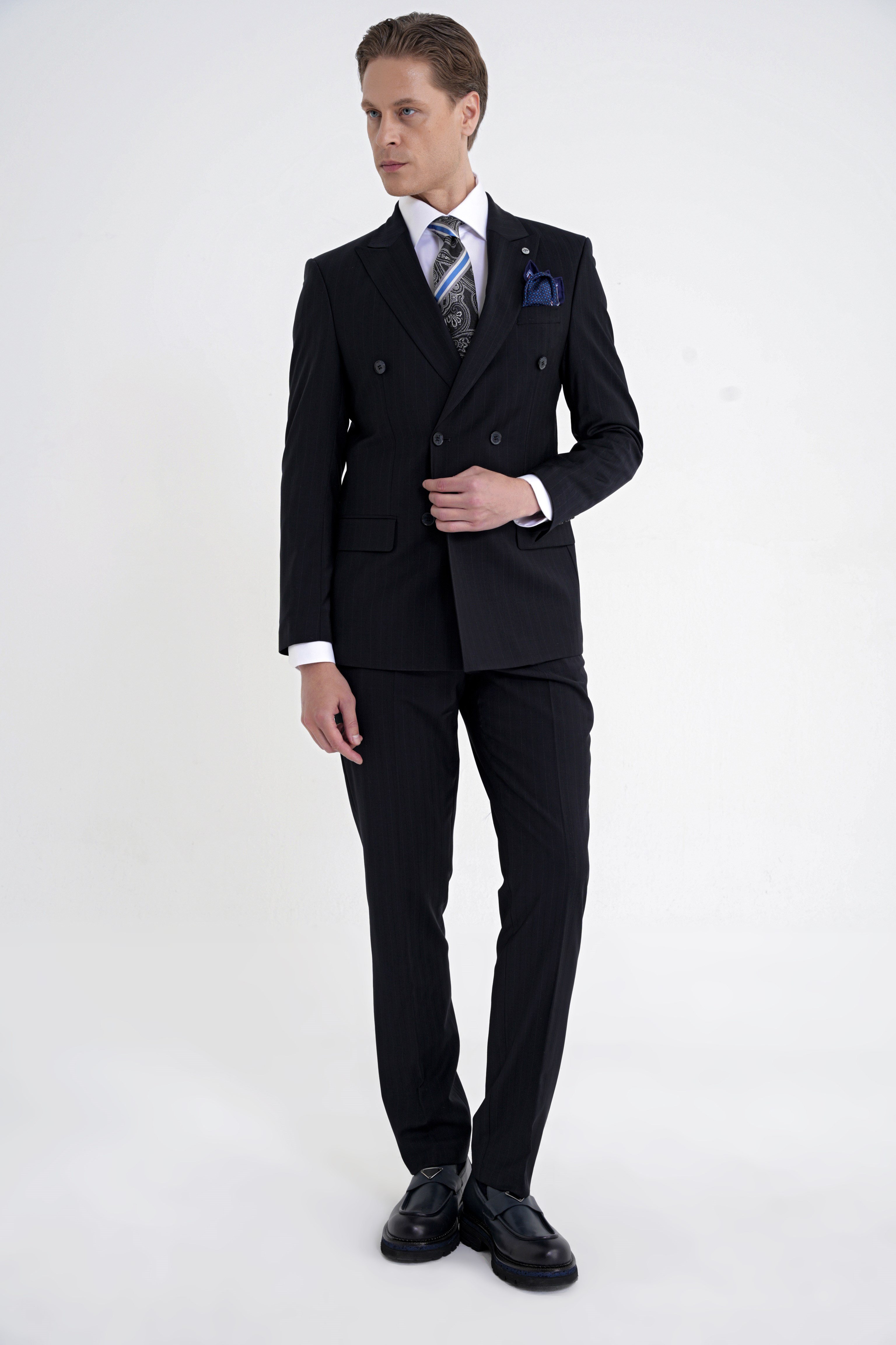 Slim Fit Çift Yırtmaç %95 Pamuk Lacivert Çizgili Kruvaze Takım Elbise TK 945