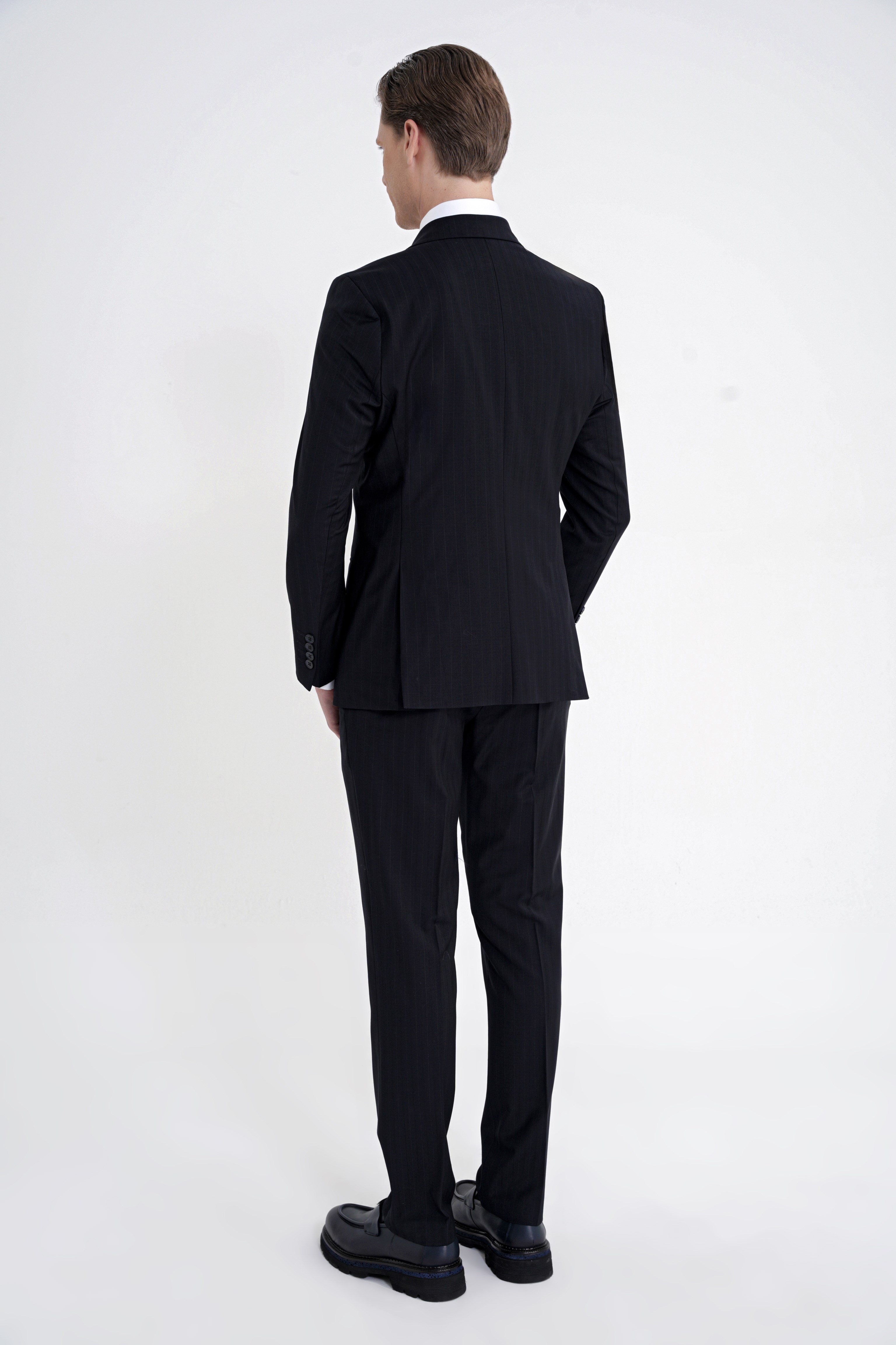 Slim Fit Çift Yırtmaç %95 Pamuk Lacivert Çizgili Kruvaze Takım Elbise TK 945