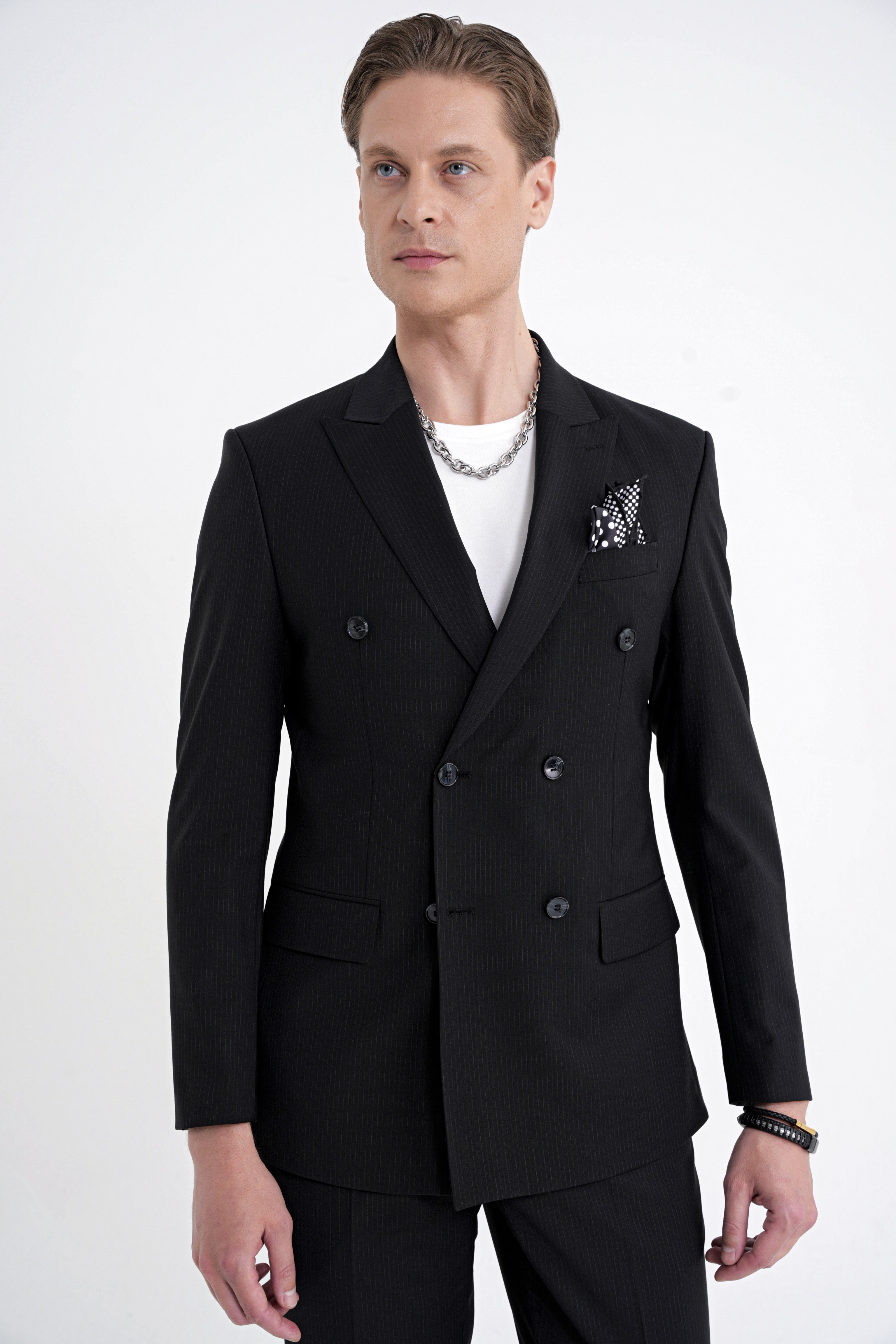 Slim Fit Çift Yırtmaç %95 Pamuk Sık Çizgili Siyah Kruvaze Takım Elbise TK 944