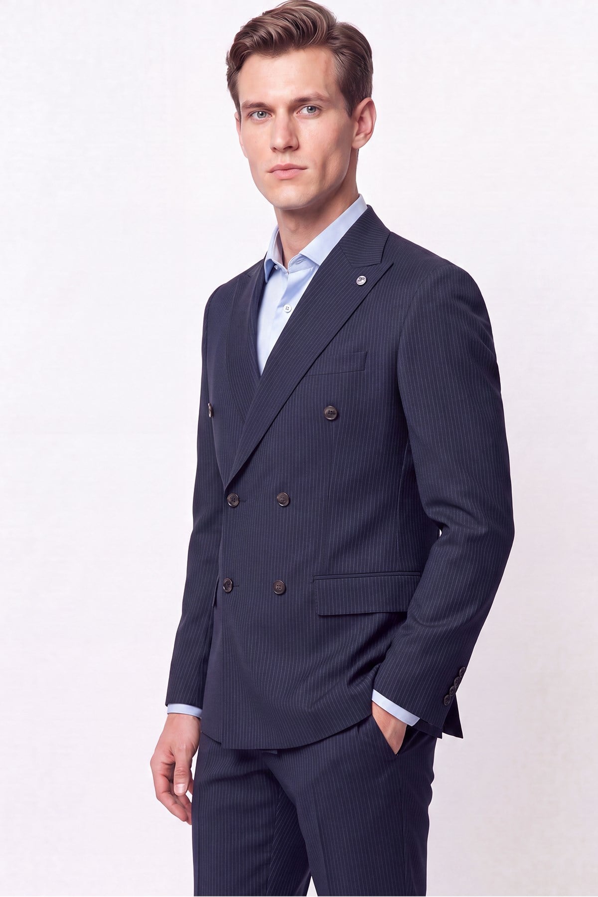 Slim Fit Çift Yırtmaç %95 Pamuk Sık Çizgili Lacivert Kruvaze Takım Elbise TK 944