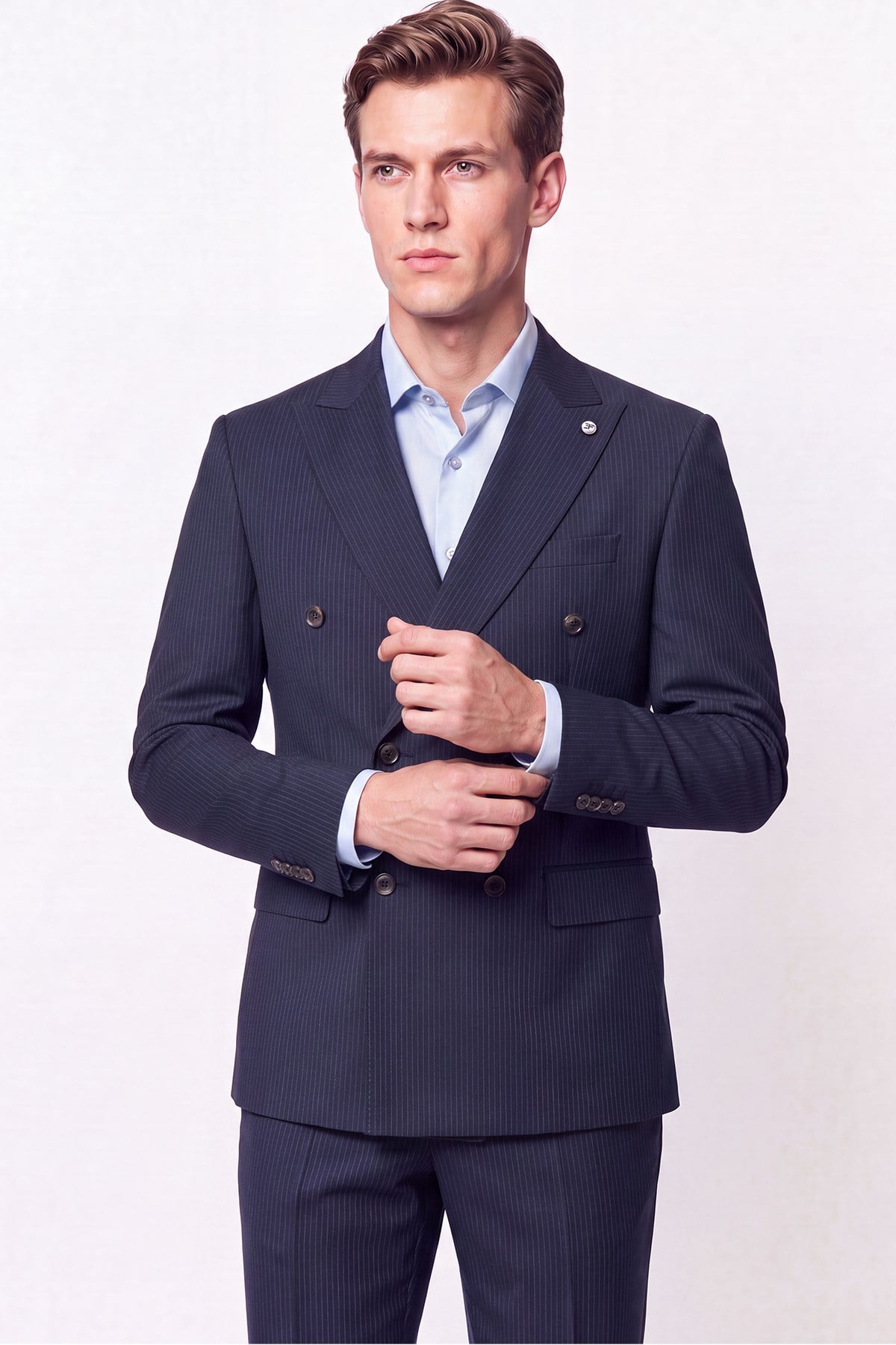 Slim Fit Çift Yırtmaç %95 Pamuk Sık Çizgili Lacivert Kruvaze Takım Elbise TK 944