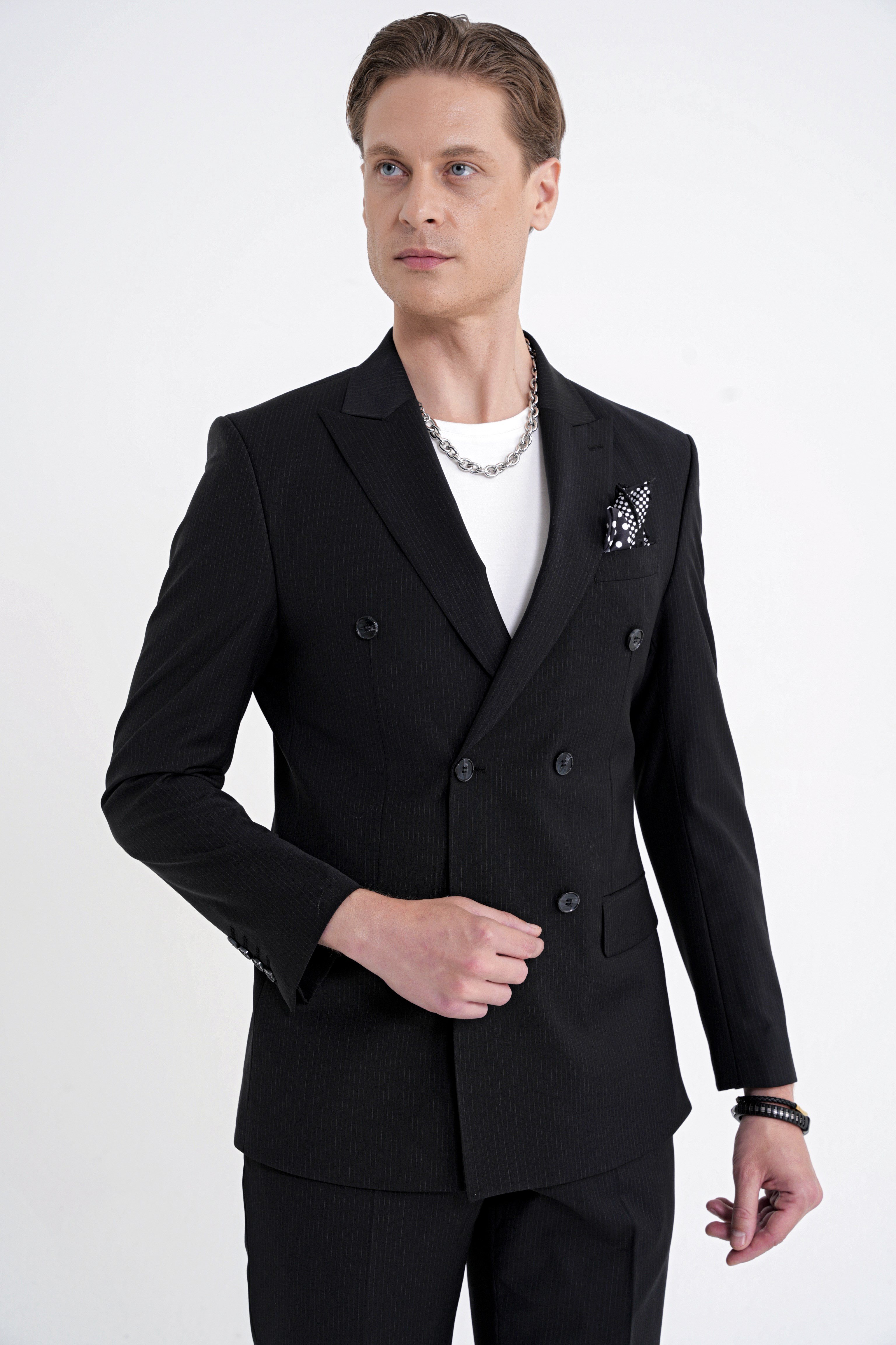 Slim Fit Çift Yırtmaç %95 Pamuk Sık Çizgili Siyah Kruvaze Takım Elbise TK 944