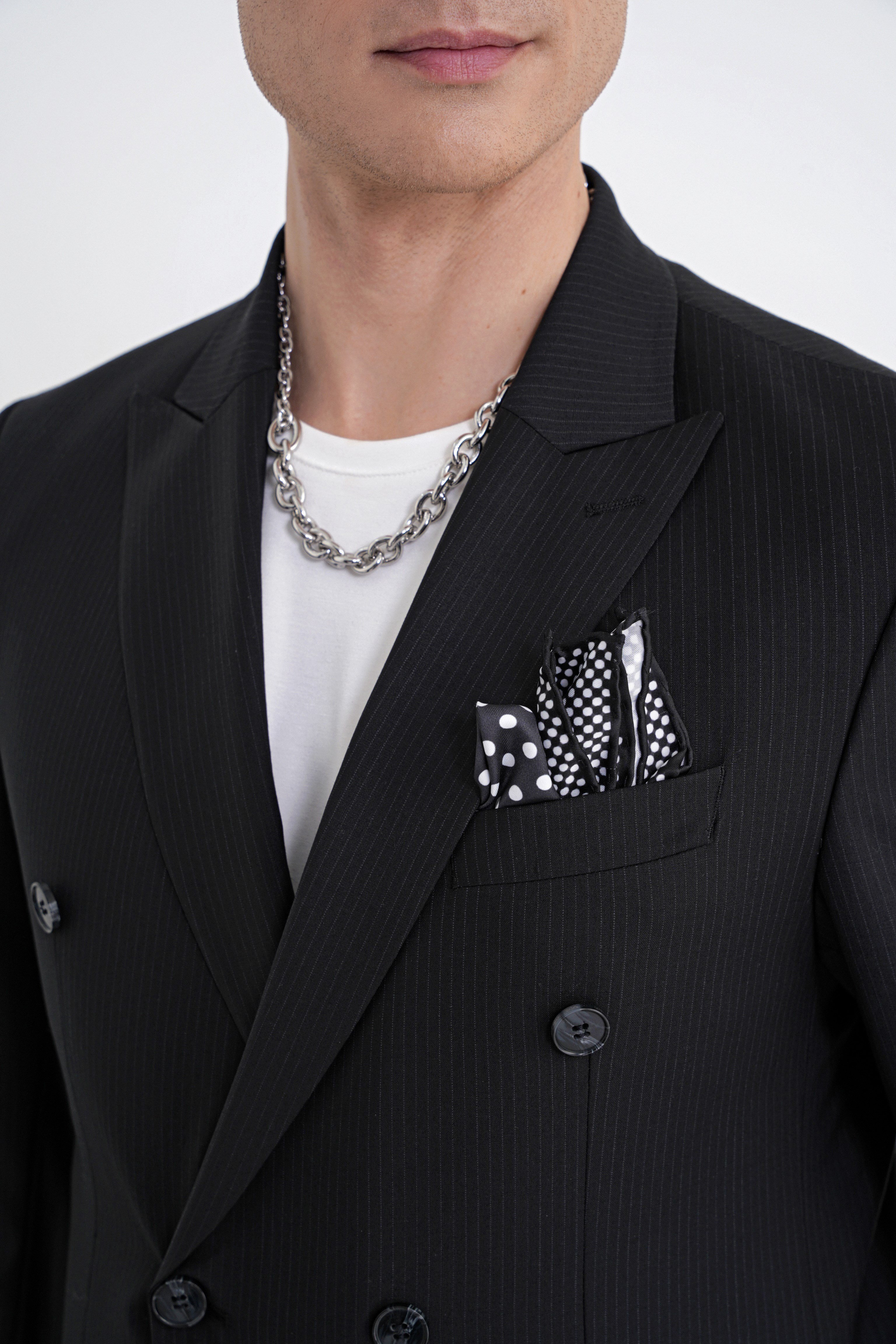 Slim Fit Çift Yırtmaç %95 Pamuk Sık Çizgili Siyah Kruvaze Takım Elbise TK 944