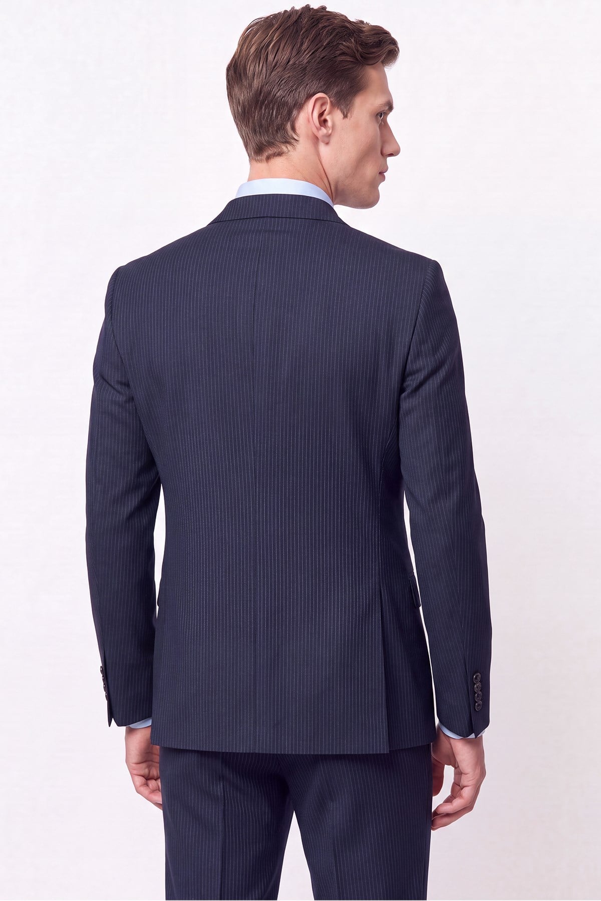 Slim Fit Çift Yırtmaç %95 Pamuk Sık Çizgili Lacivert Kruvaze Takım Elbise TK 944