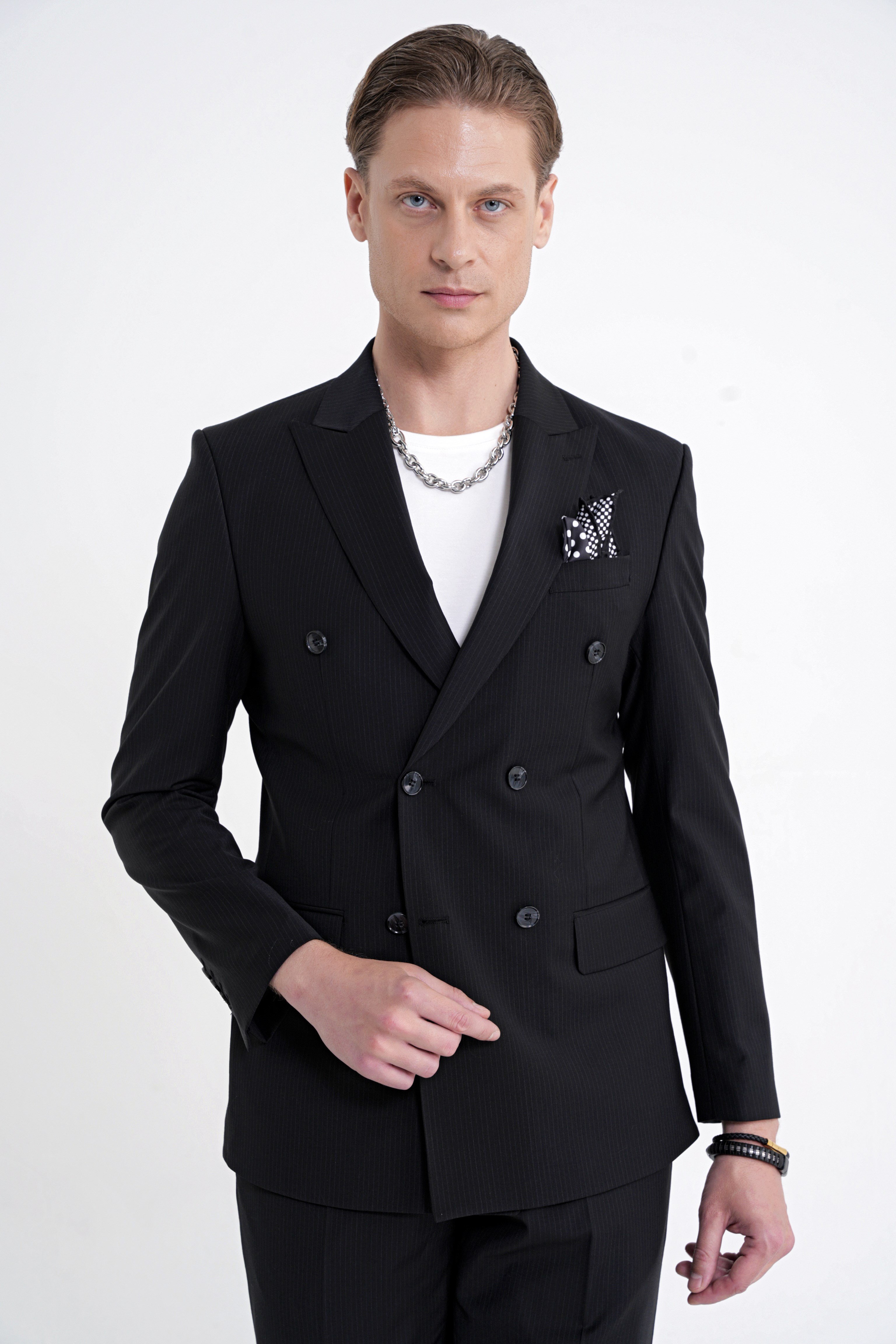 Slim Fit Çift Yırtmaç %95 Pamuk Sık Çizgili Siyah Kruvaze Takım Elbise TK 944