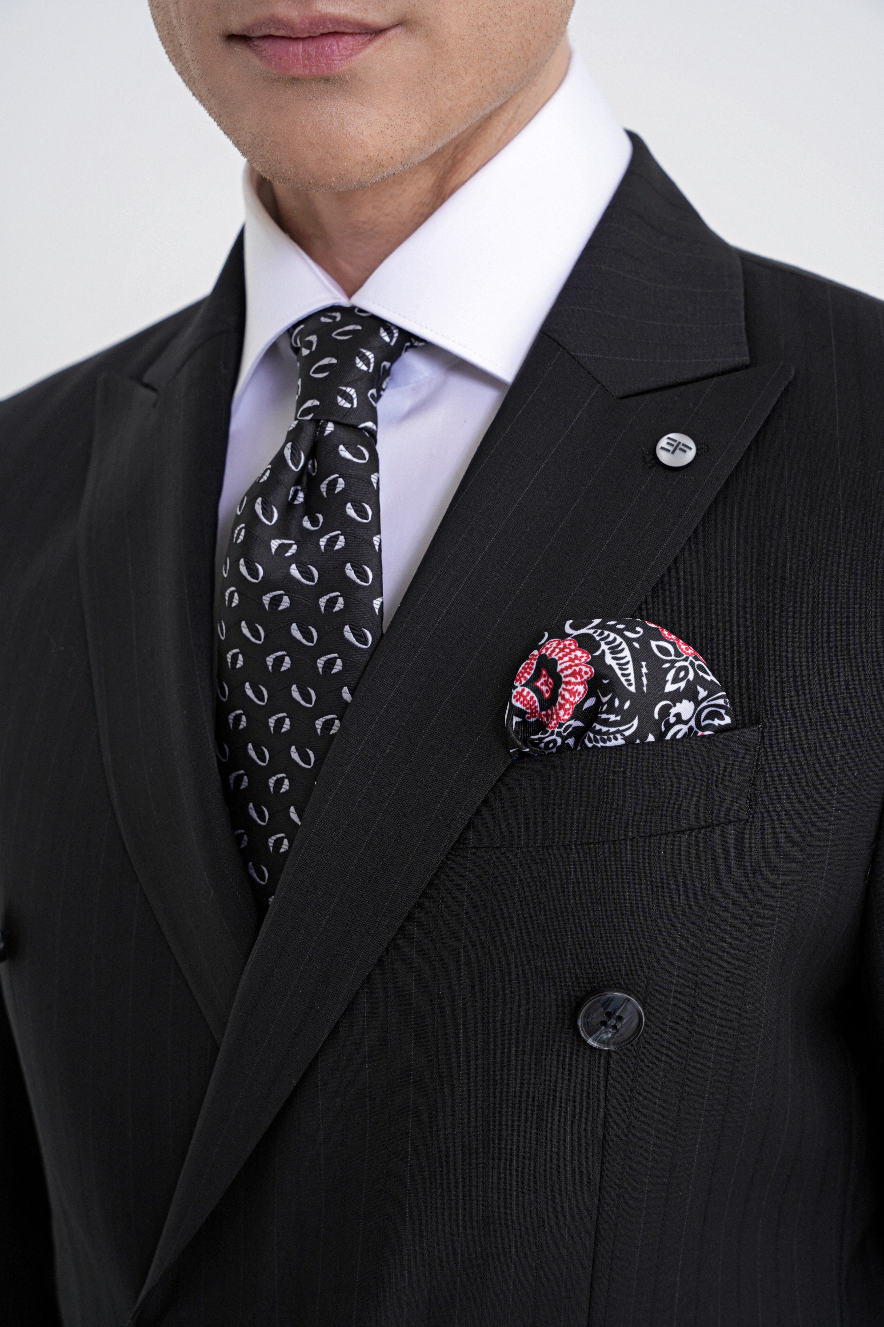 Slim Fit Çift Yırtmaç %95 Pamuk Siyah Çizgili Kruvaze Takım Elbise TK 945
