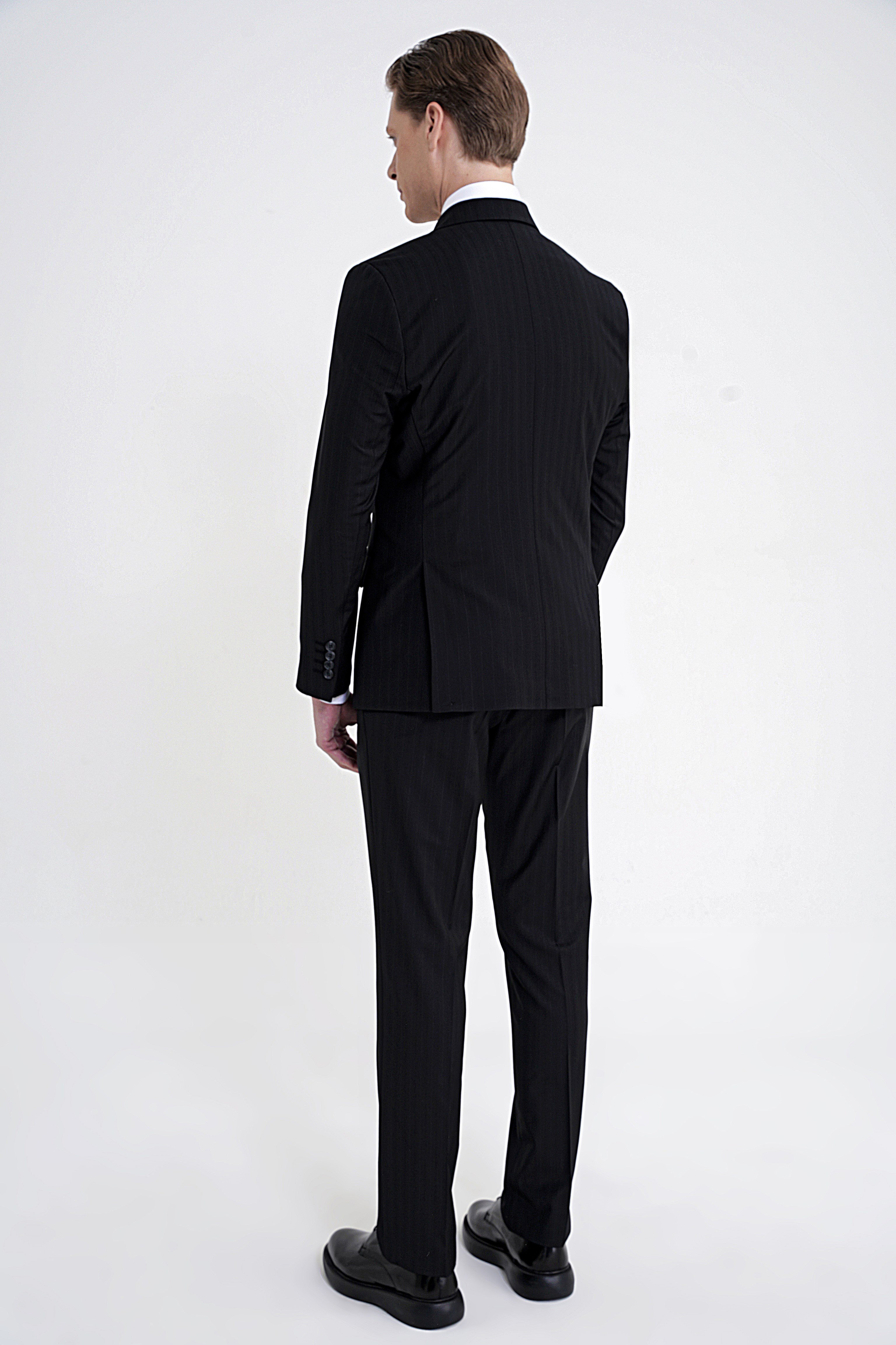 Slim Fit Çift Yırtmaç %95 Pamuk Siyah Çizgili Kruvaze Takım Elbise TK 945