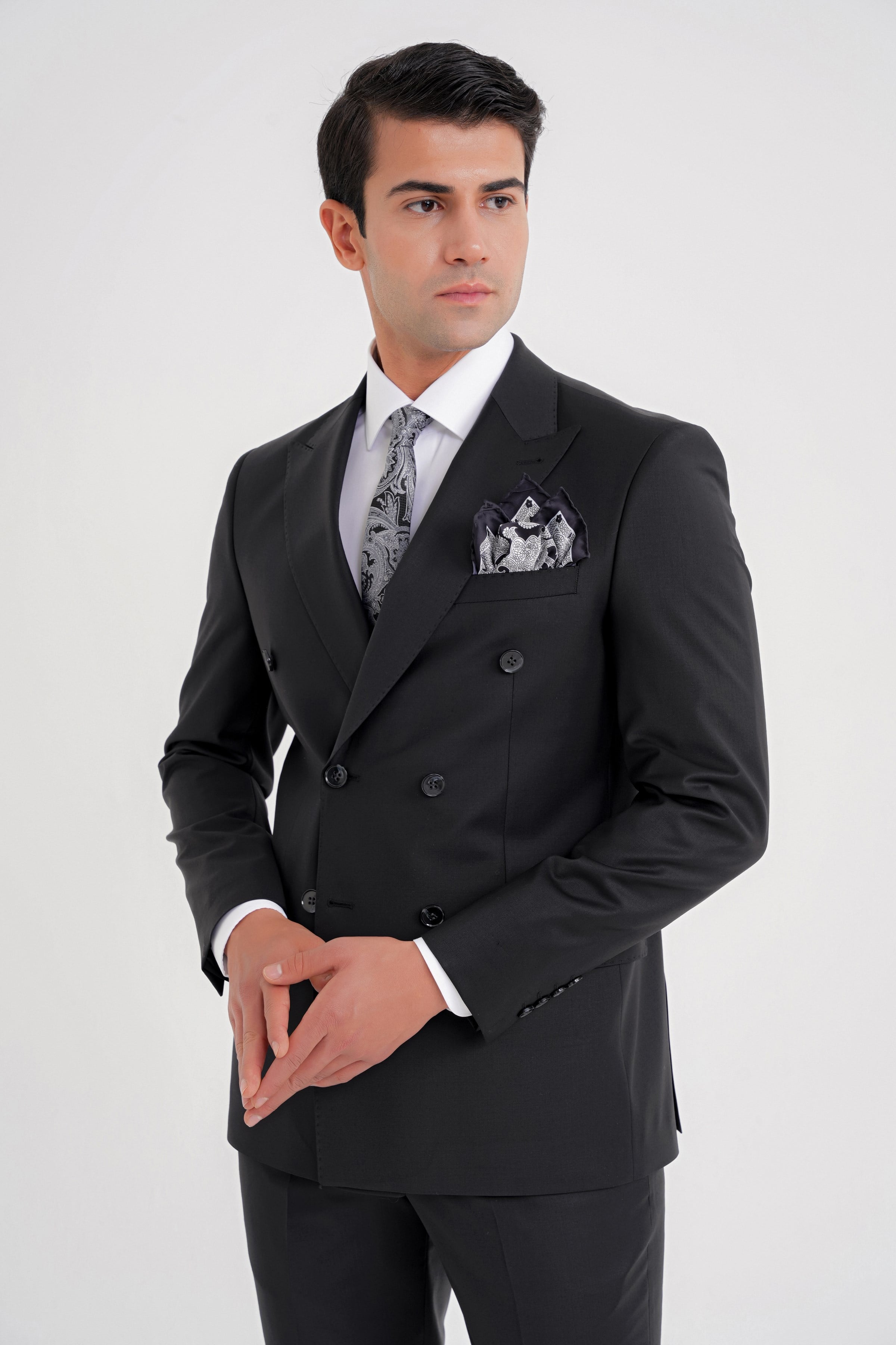 Slim Fit Çift Yırtmaç %95 Yün Esnek Siyah Kruvaze Takım Elbise TK 929