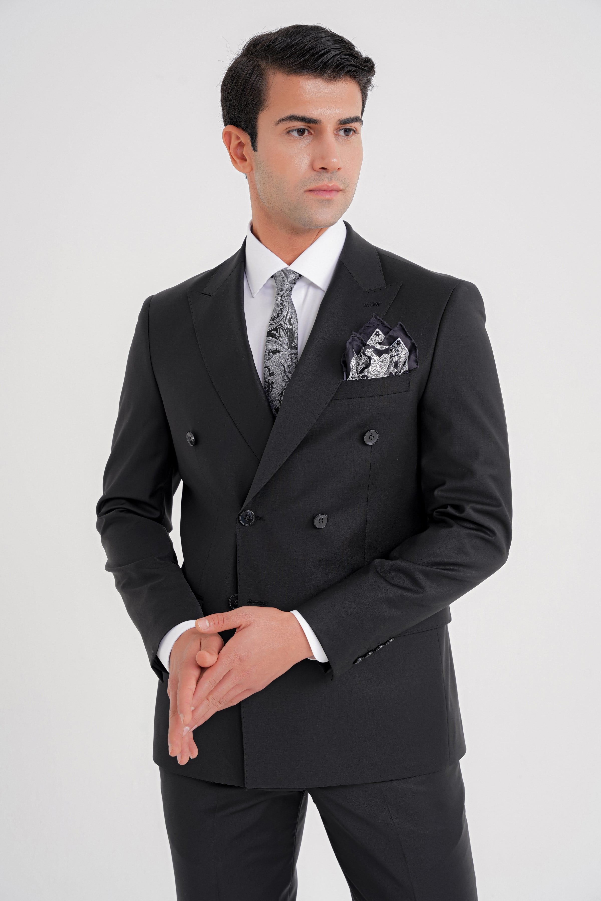 Slim Fit Çift Yırtmaç %95 Yün Esnek Siyah Kruvaze Takım Elbise TK 929