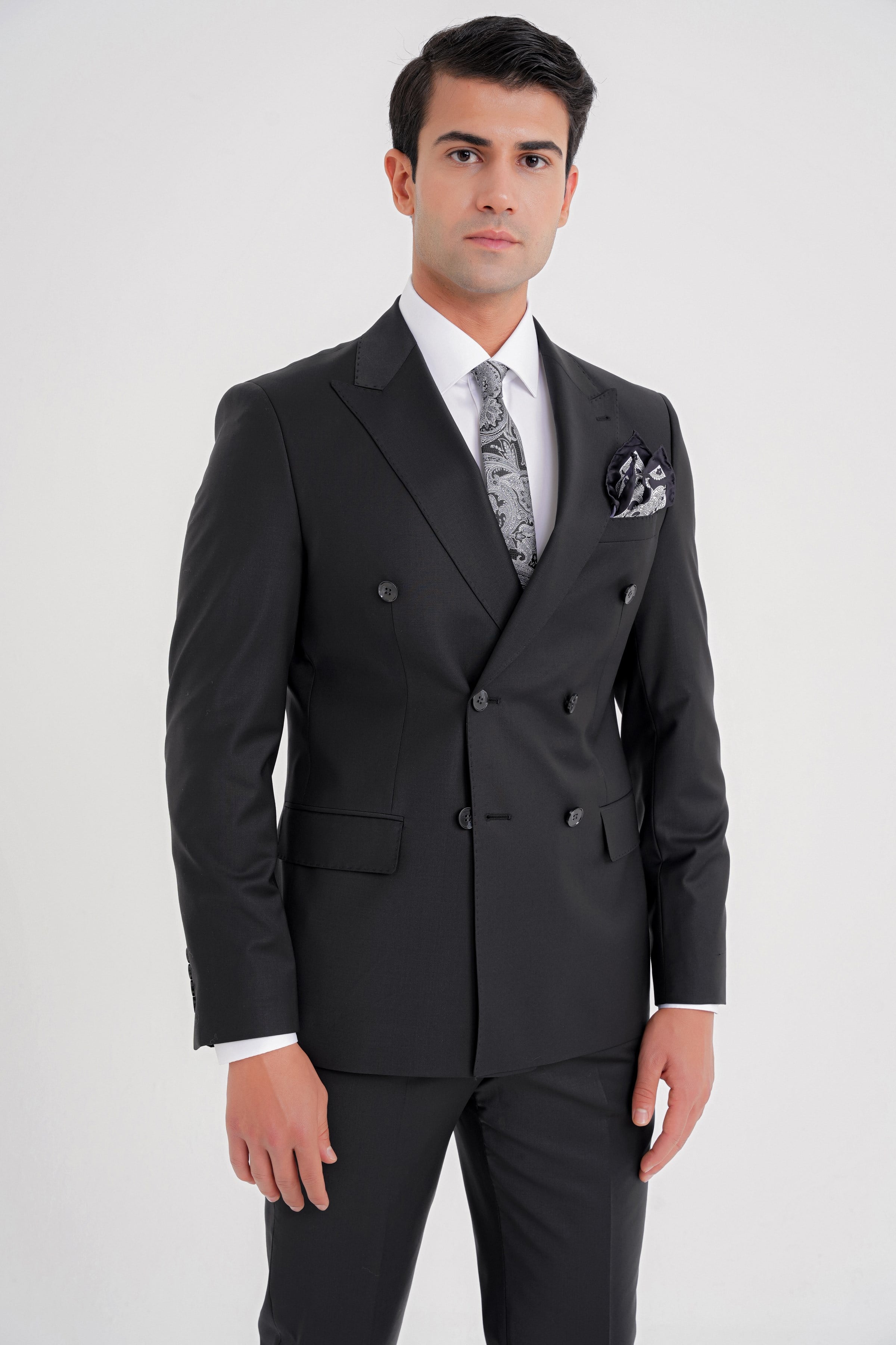 Slim Fit Çift Yırtmaç %95 Yün Esnek Siyah Kruvaze Takım Elbise TK 929
