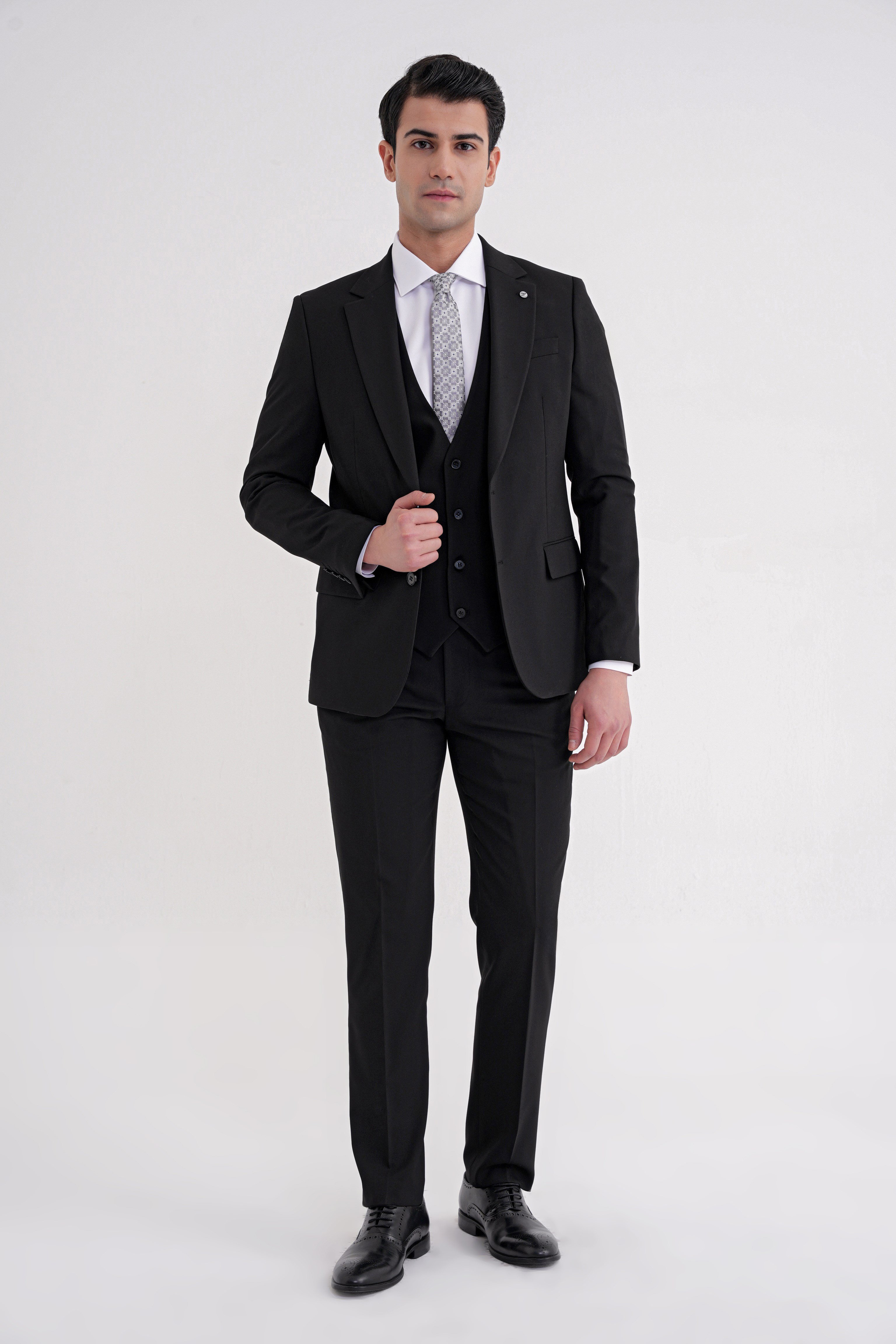 Slim Fit Çift Yırtmaç %97 Yün Esnek Siyah Yelekli Klasik Takım Elbise TK 937