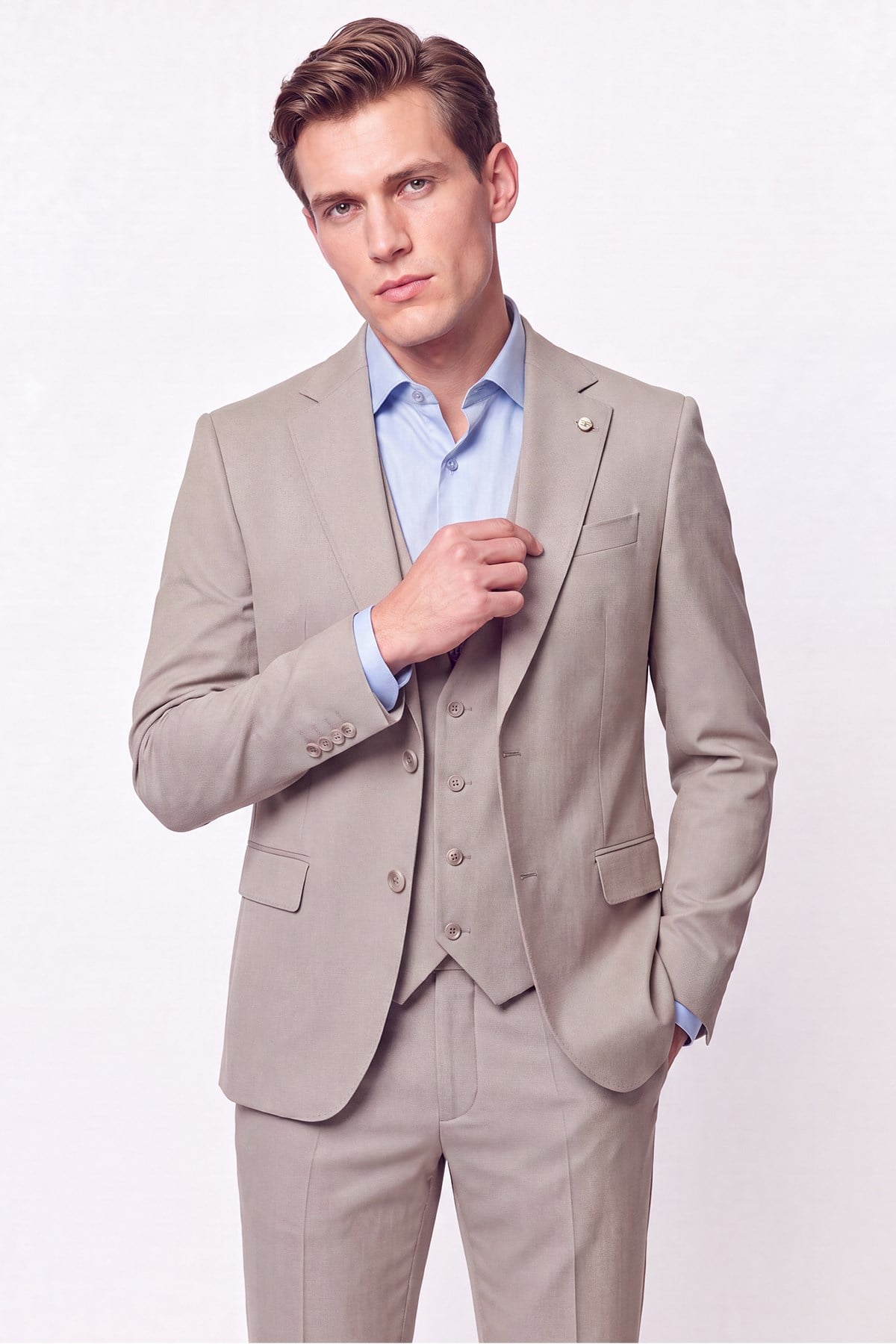 Slim Fit Çift Yırtmaç %97 Yünlü Doku Desenli Esnek Bej Yelekli Takım Elbise TK 927
