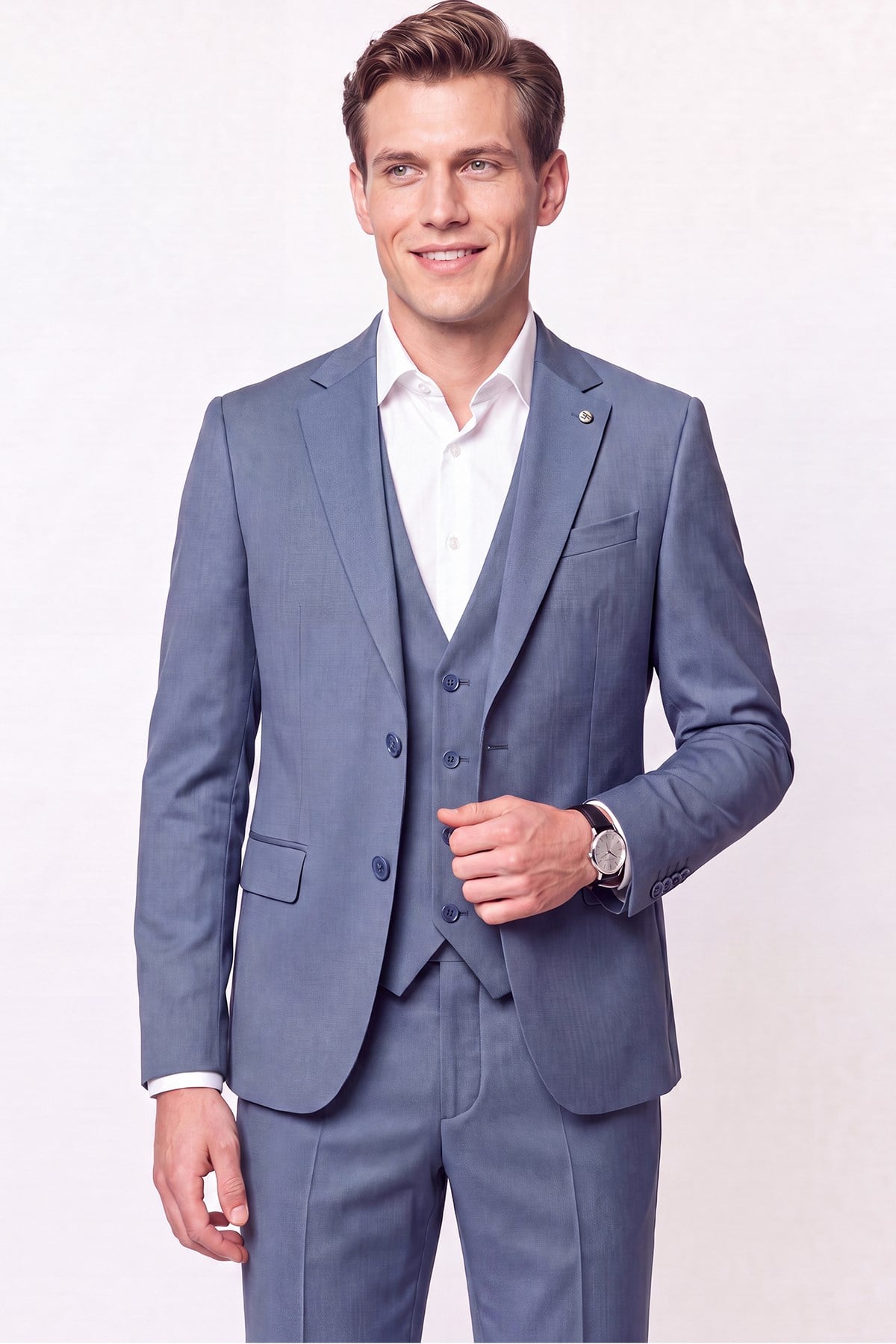 Slim Fit Çift Yırtmaç %97 Yünlü Doku Desenli Esnek Mavi Yelekli Takım Elbise TK 927