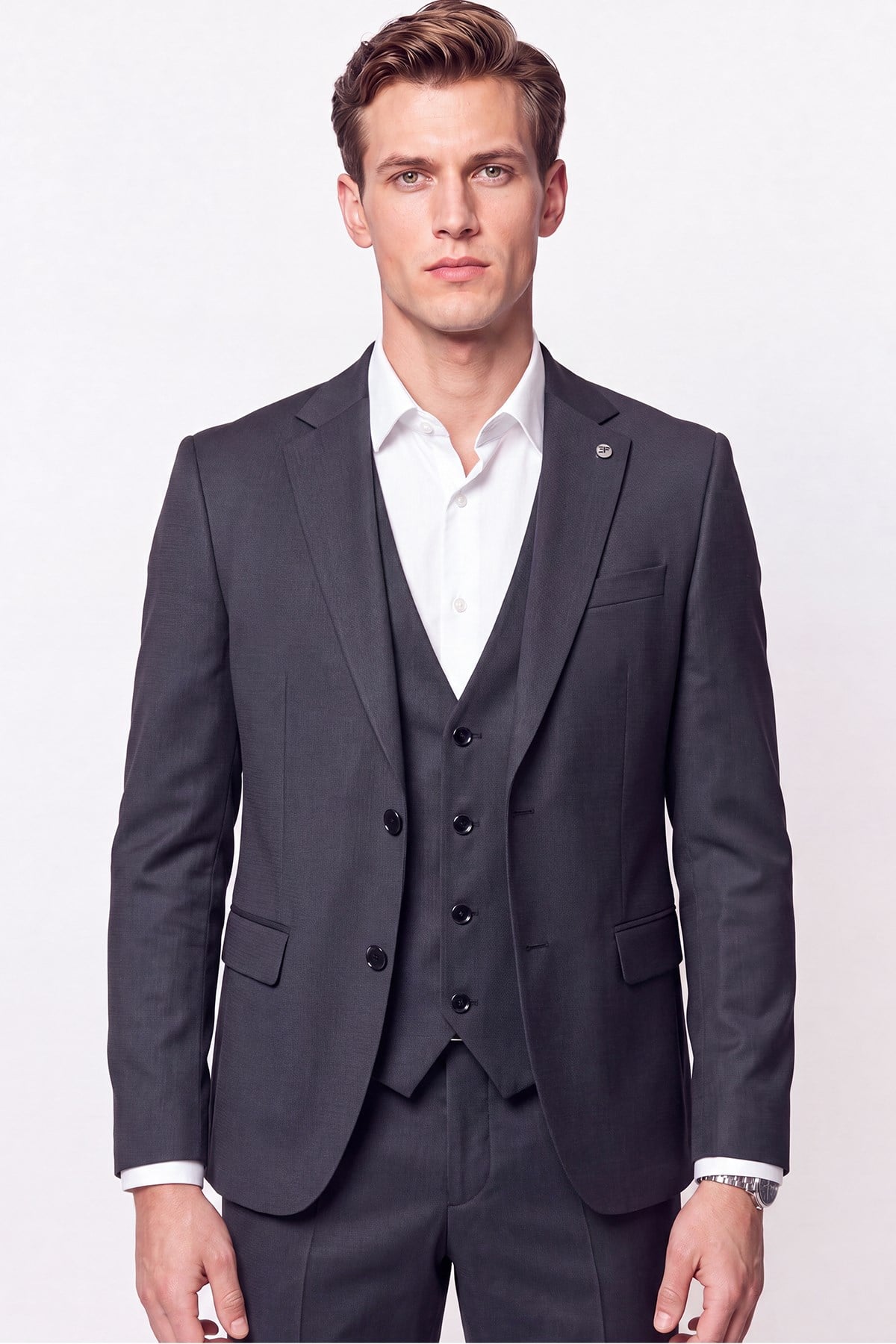 Slim Fit Çift Yırtmaç %97 Yünlü Doku Desenli Esnek Antrasit Yelekli Takım Elbise TK 927