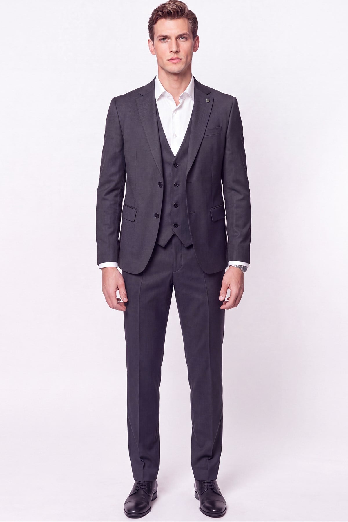 Slim Fit Çift Yırtmaç %97 Yünlü Doku Desenli Esnek Antrasit Yelekli Takım Elbise TK 927
