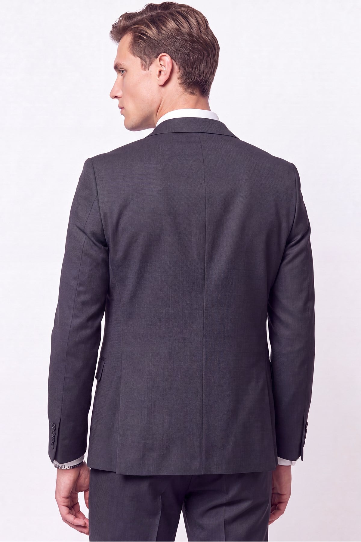 Slim Fit Çift Yırtmaç %97 Yünlü Doku Desenli Esnek Antrasit Yelekli Takım Elbise TK 927
