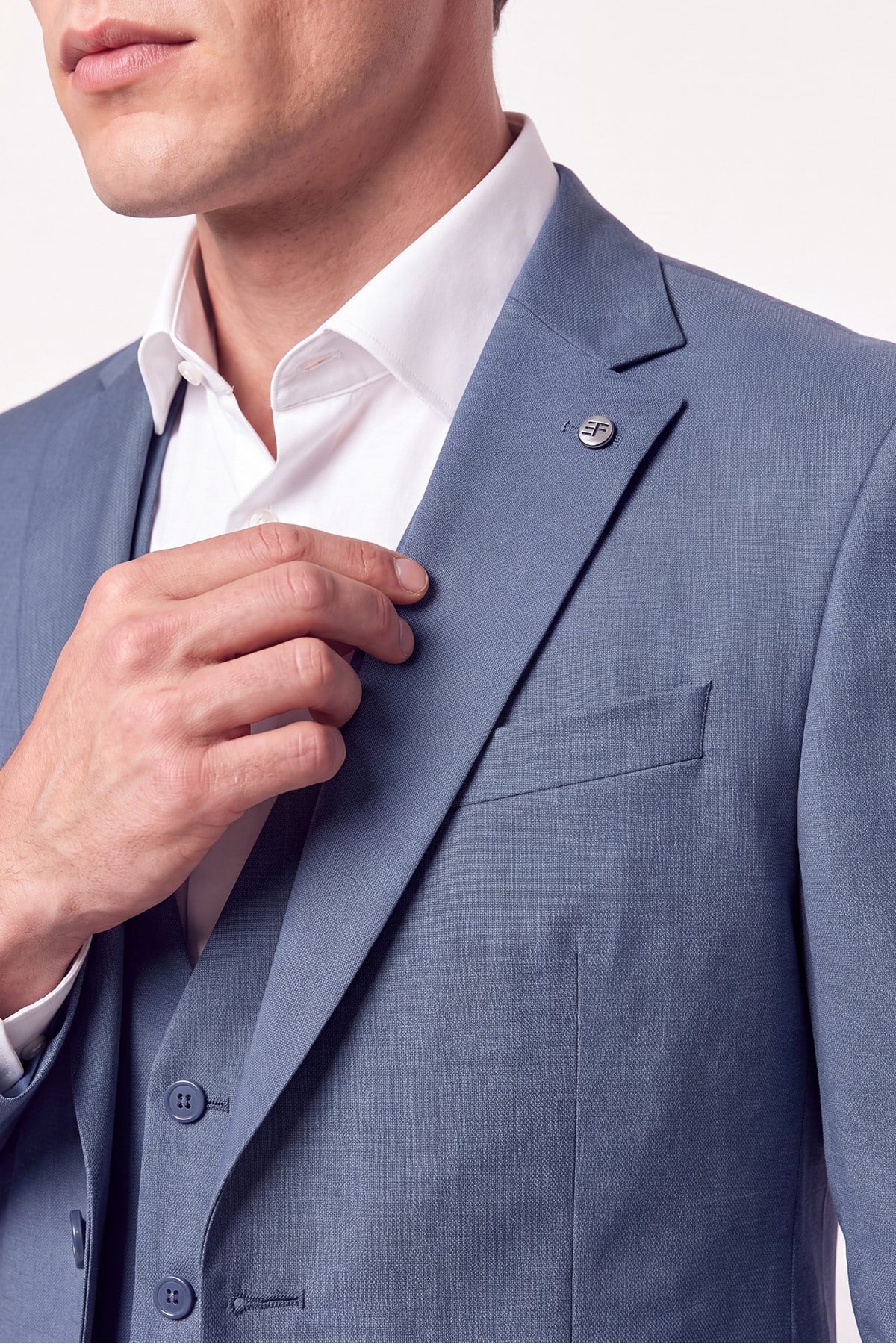 Slim Fit Çift Yırtmaç %97 Yünlü Doku Desenli Esnek Mavi Yelekli Takım Elbise TK 927