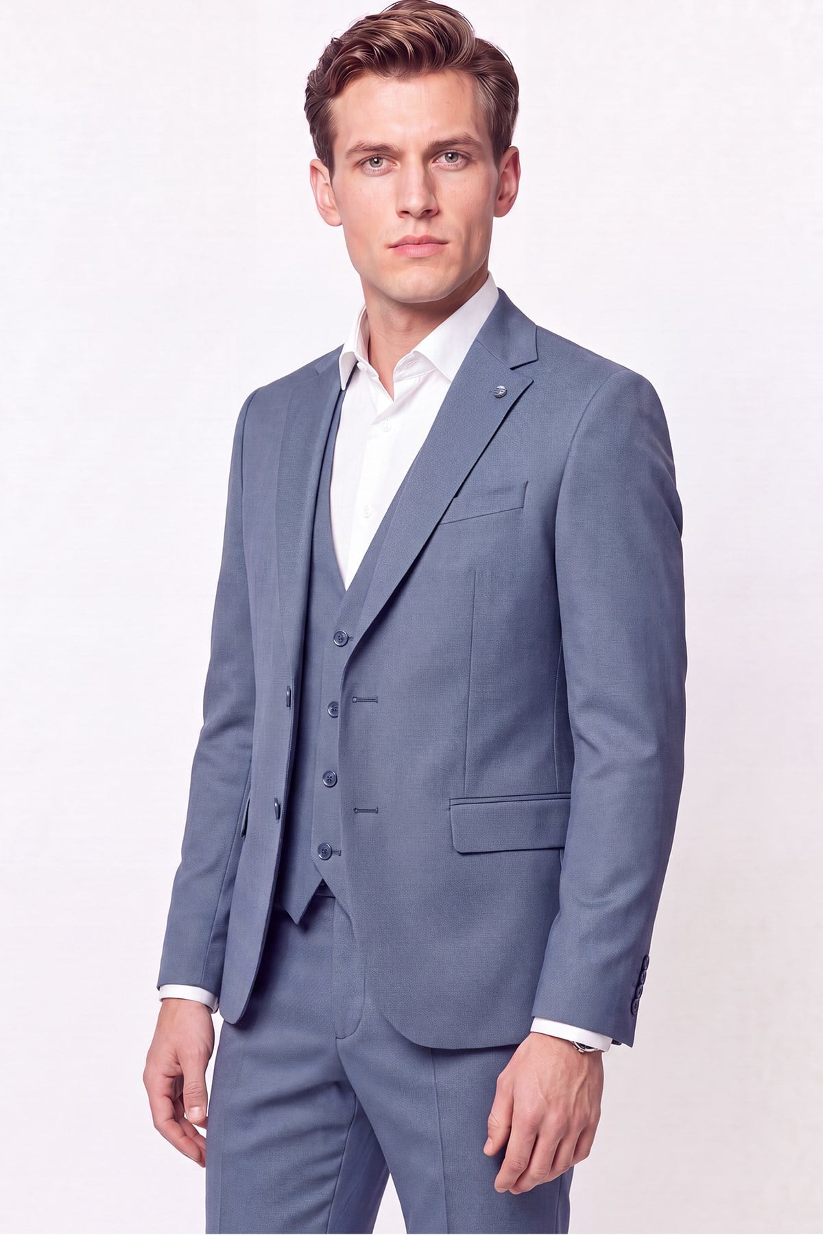 Slim Fit Çift Yırtmaç %97 Yünlü Doku Desenli Esnek Mavi Yelekli Takım Elbise TK 927