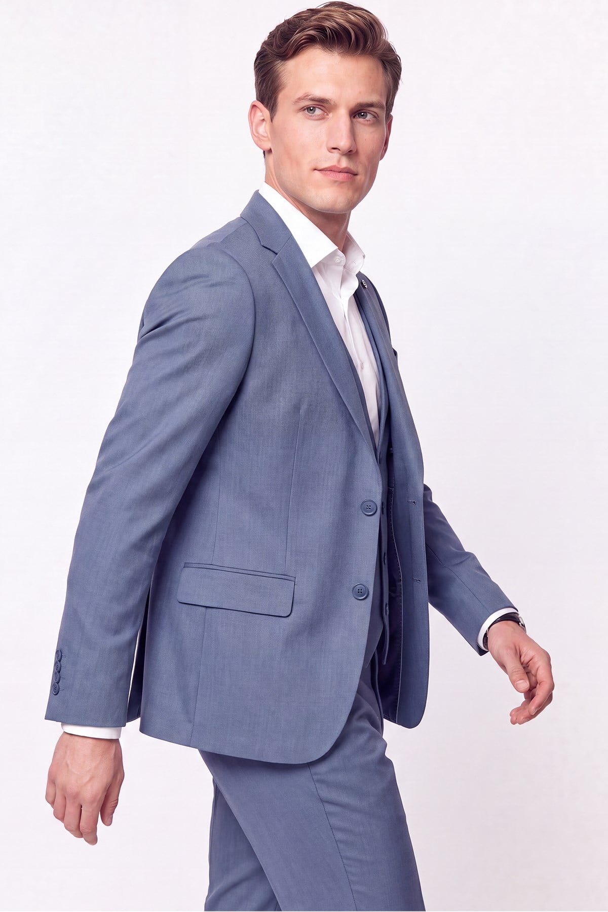 Slim Fit Çift Yırtmaç %97 Yünlü Doku Desenli Esnek Mavi Yelekli Takım Elbise TK 927