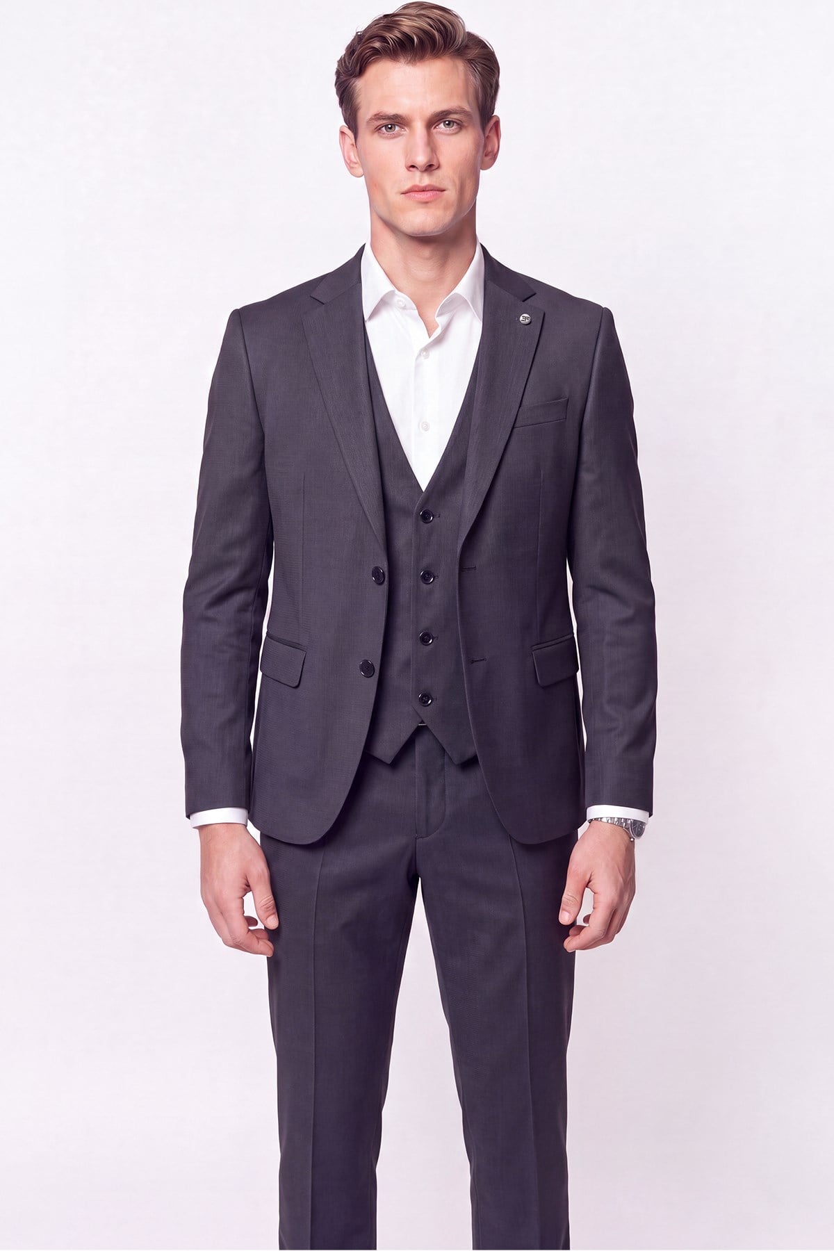 Slim Fit Çift Yırtmaç %97 Yünlü Doku Desenli Esnek Antrasit Yelekli Takım Elbise TK 927