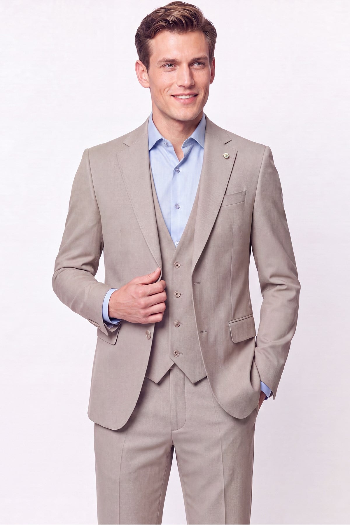 Slim Fit Çift Yırtmaç %97 Yünlü Doku Desenli Esnek Bej Yelekli Takım Elbise TK 927
