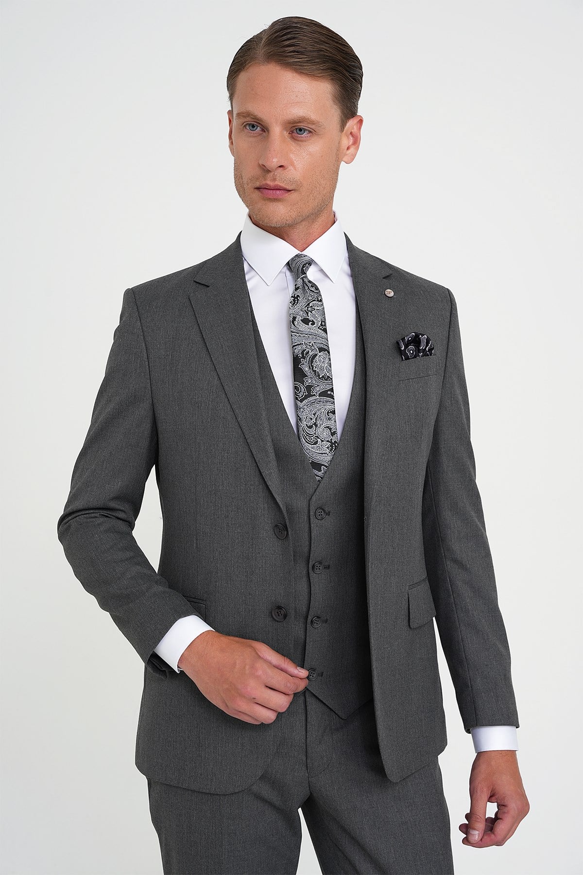 Slim Fit Çift Yırtmaç Balıksırtı Desenli Yelekli Füme Takım Elbise Tk 923