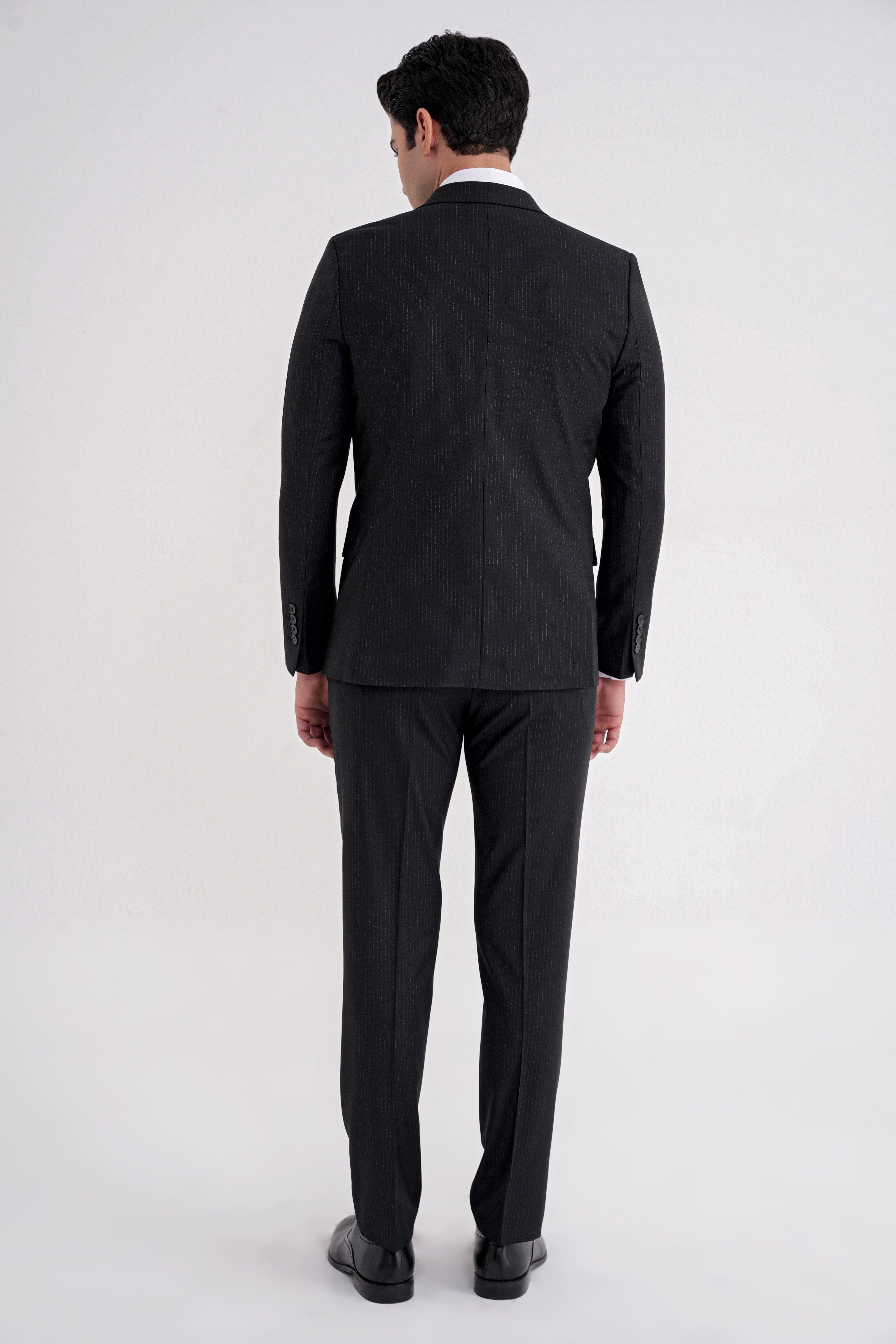 Slim Fit Çift Yırtmaç Çizgili Esnek Yünlü Siyah Yelekli Klasik Takım Elbise TK 935