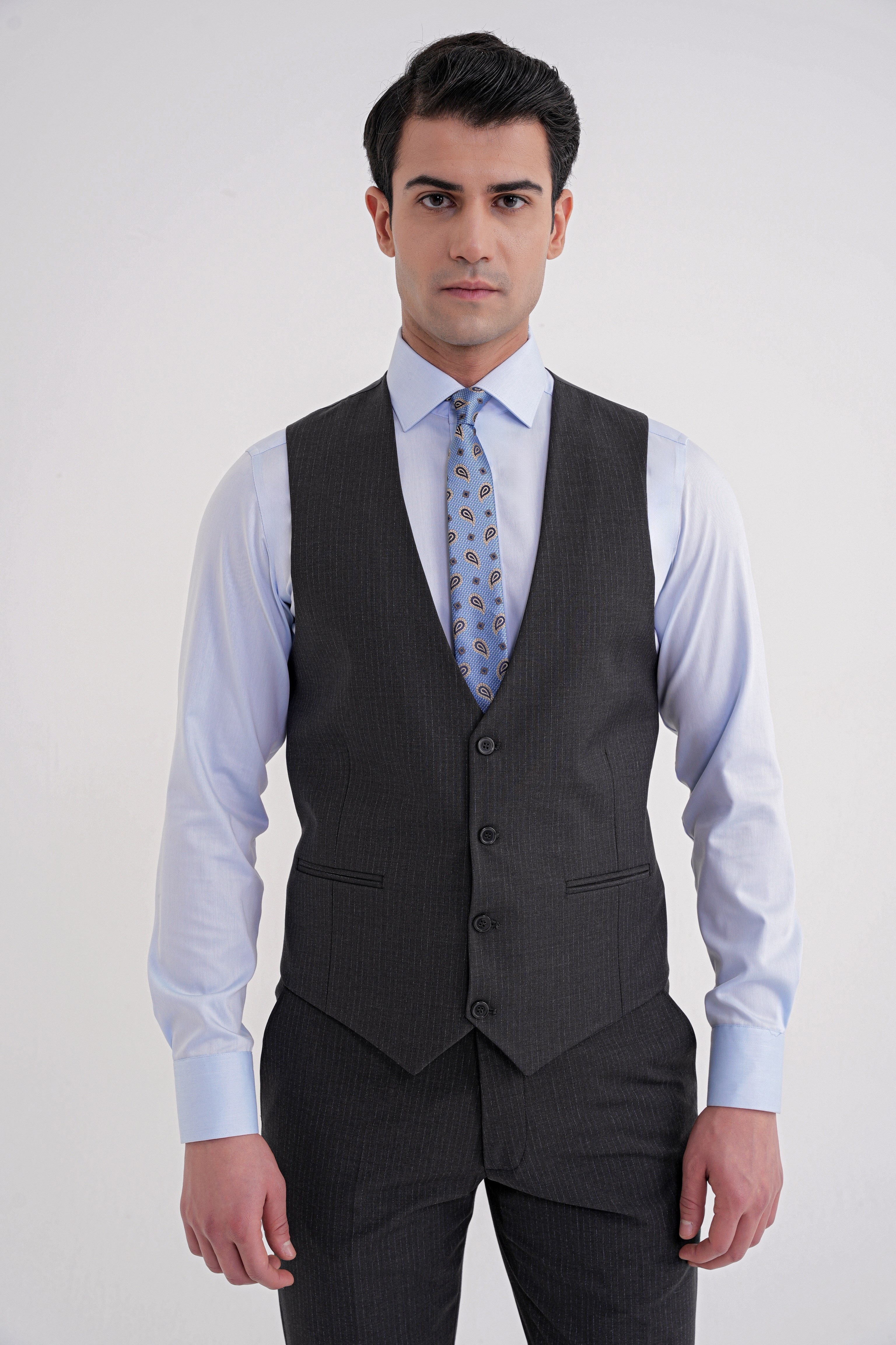 Slim Fit Çift Yırtmaç Çizgili Esnek Yünlü Antrasit Yelekli Klasik Takım Elbise TK 935